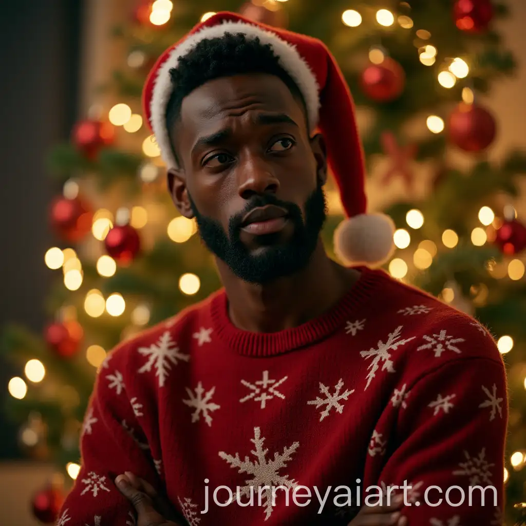 Young-African-Man-in-Front-of-Decorated-Christmas-Tree-with-Red-Sweater-and-Santa-Hat