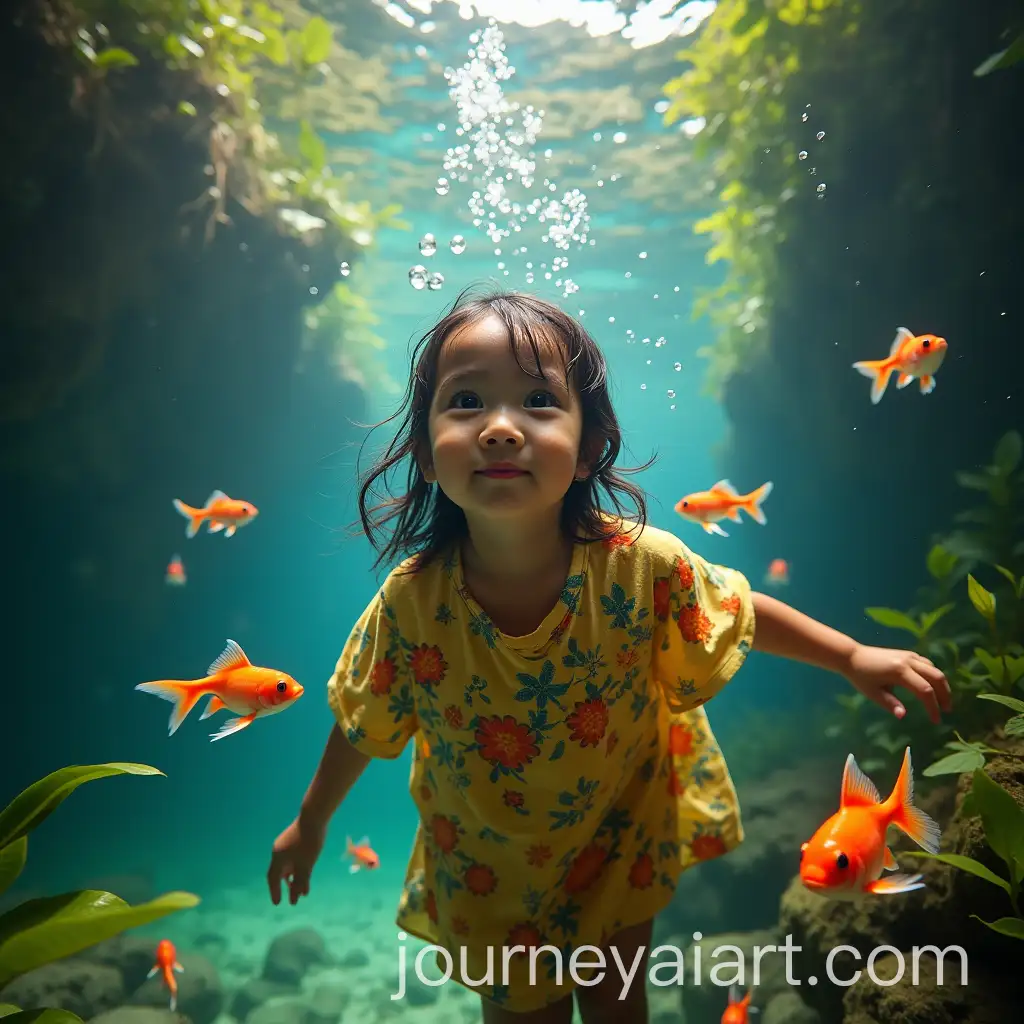Young-Malay-Girl-Swimming-in-a-Tropical-River-with-Colorful-Fish-and-Lush-Aquatic-Plants