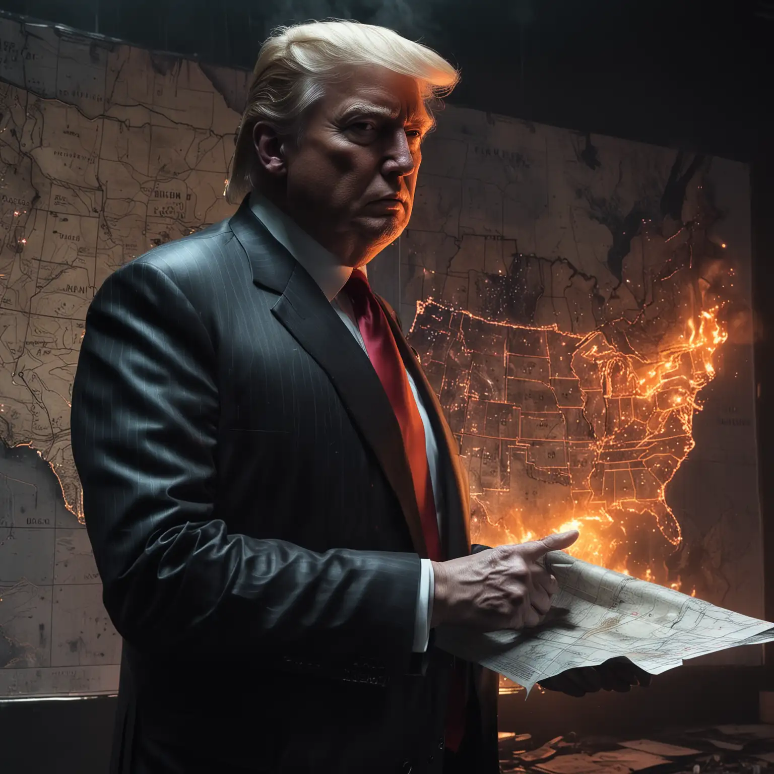 Donald-Trump-in-Cyberpunk-Style-Analyzing-Smoldering-US-Map