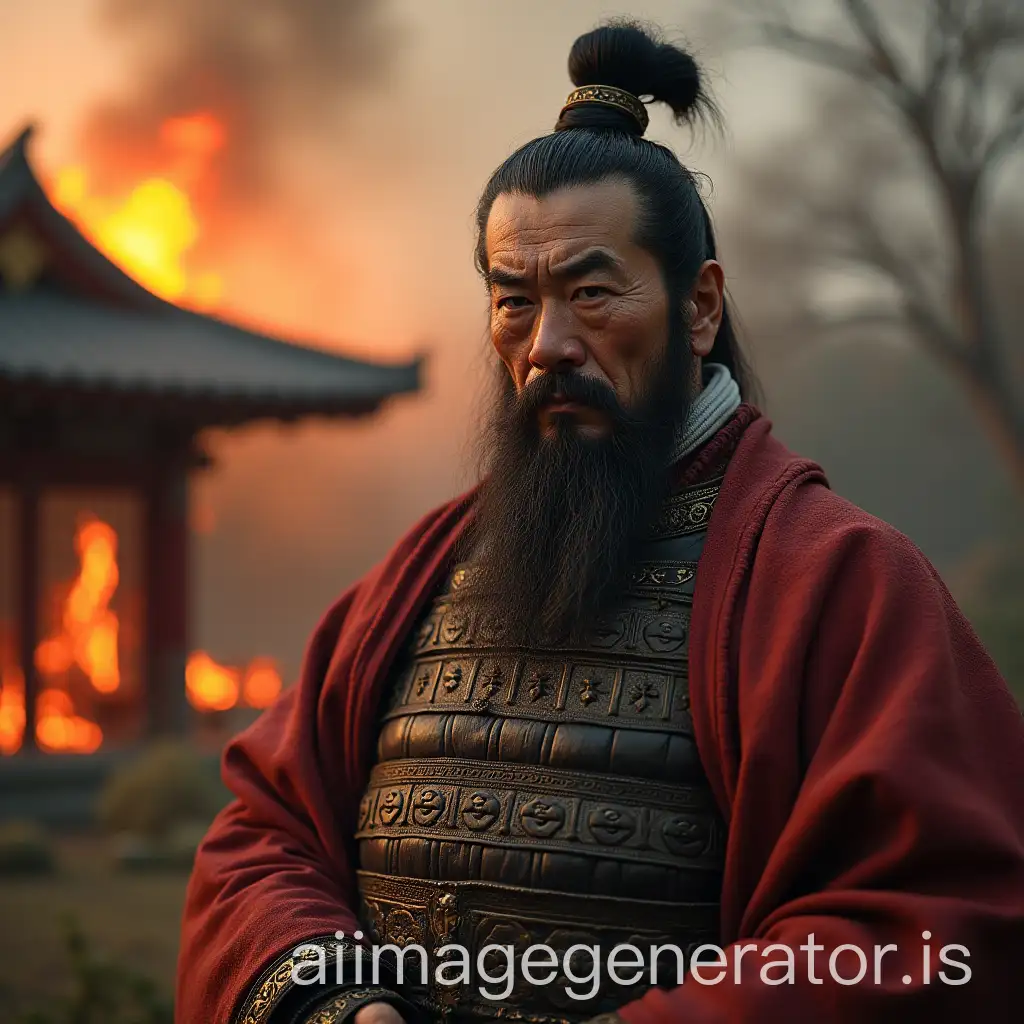 a Japanese emperor from the 5th century looking especially cruel, with a Japanese villa of the same era on fire in the background