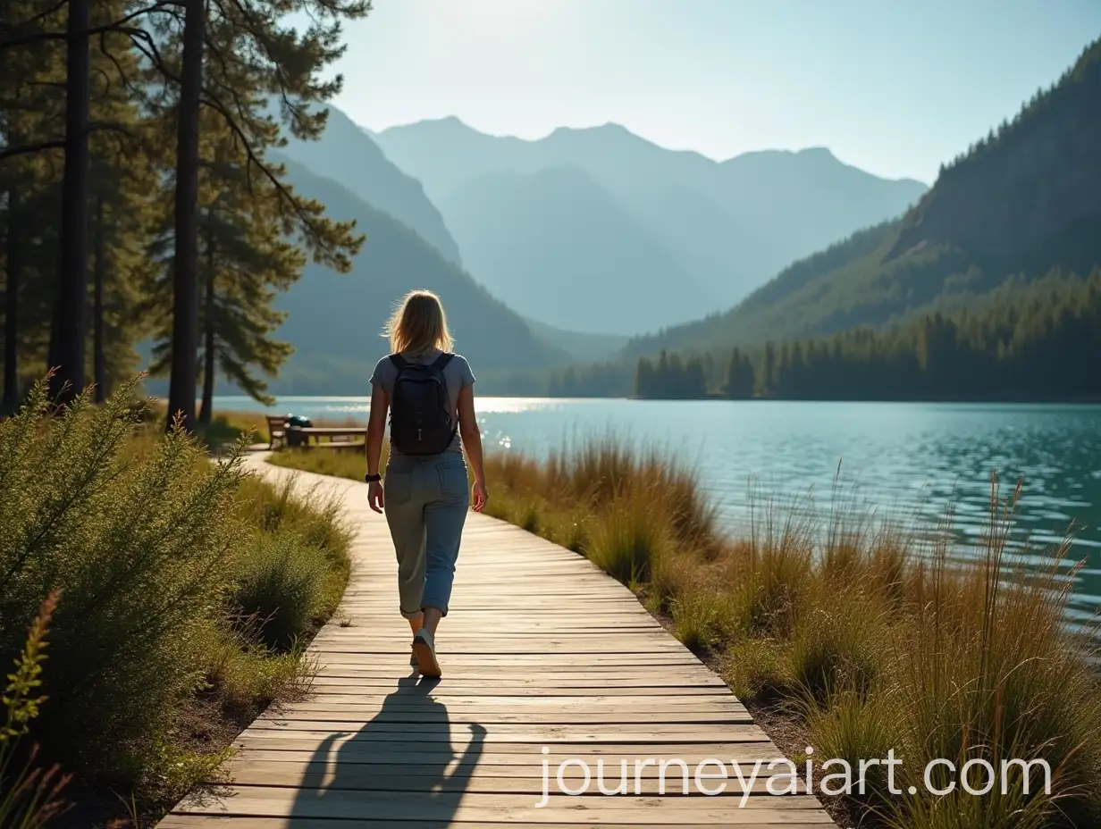 Woman-Walking-Along-Lakeside-Path-with-Wooden-Deck-in-DocumentaryStyle-Scene