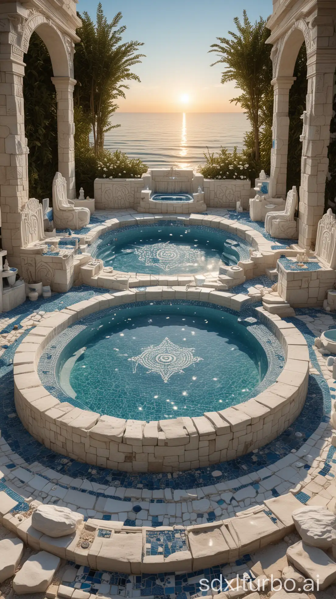 a magical atlantide outdoor spa in atlantean style, with white stone sculptures, magical signs on walls, crystals, cups, blue and white pool mosaic, sunset atmosphere, highly detailed