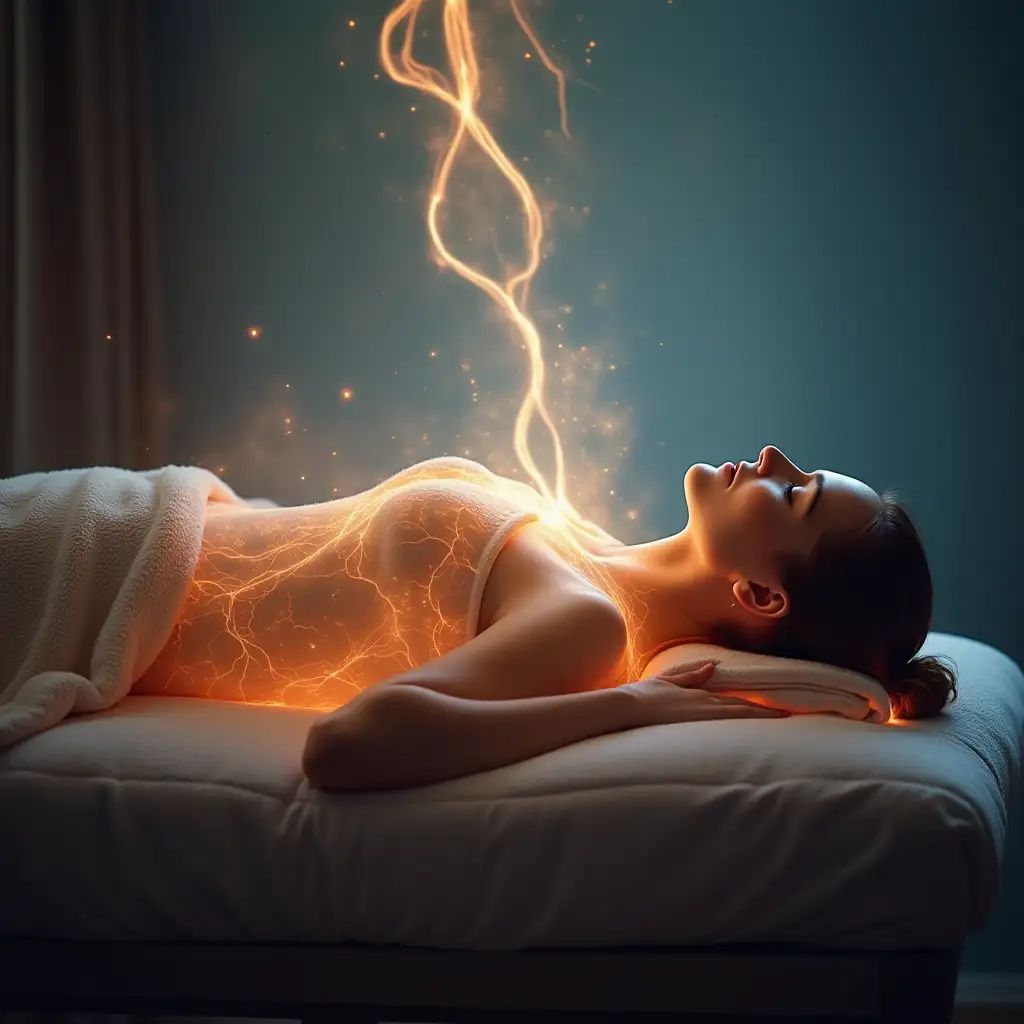 create an image of a person laying face up on a massage table with a blanket over them, show glowing energy currents throughout the persons body and also above the person, this is in a light serene setting