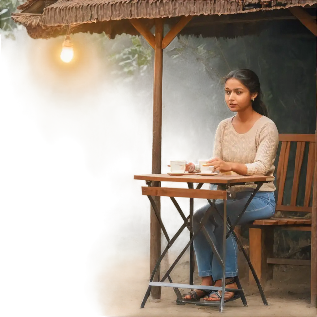 Girl is having tea in a open kiosk in kerala with warm lighting