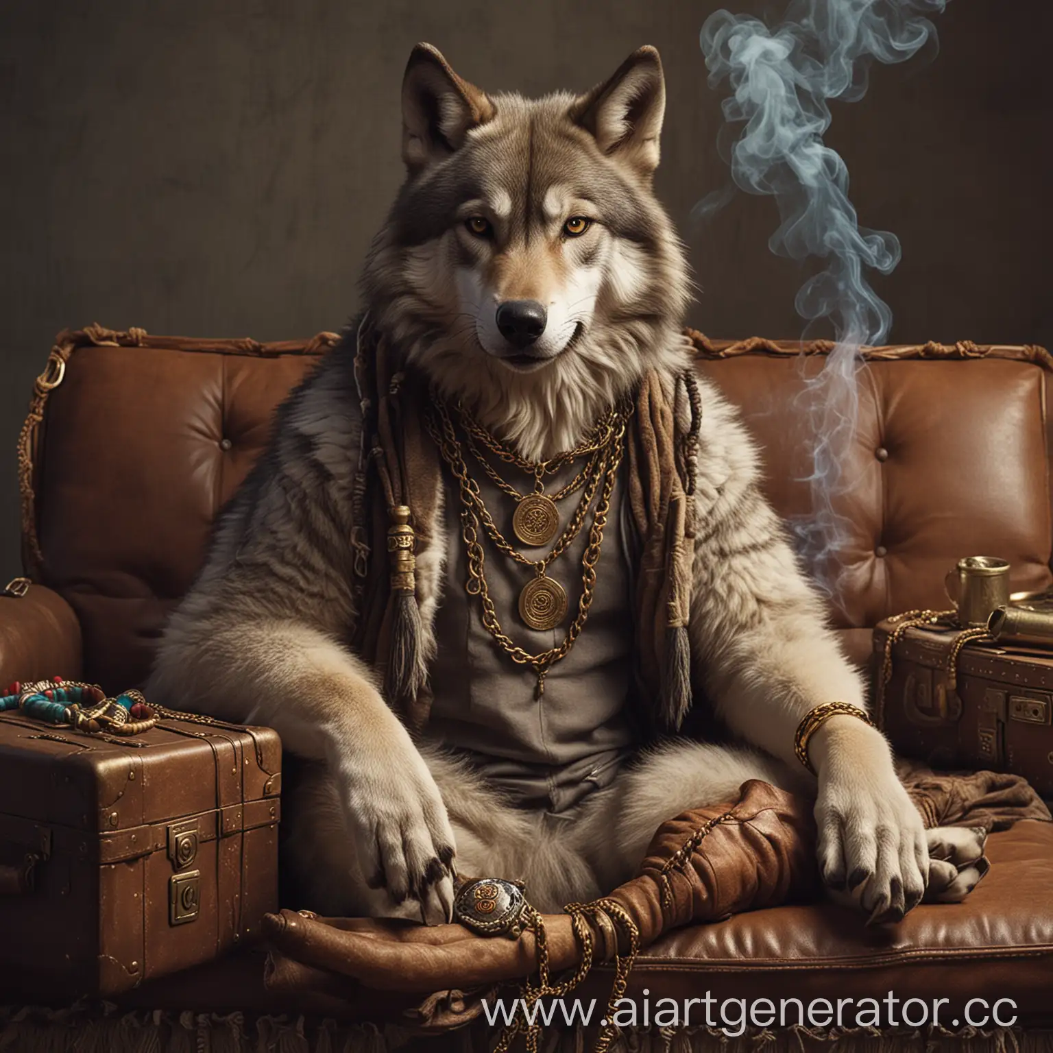 Realistic-Wolf-Bandit-Smoking-Hookah-on-Couch-with-Gold-Chain-and-Suitcase