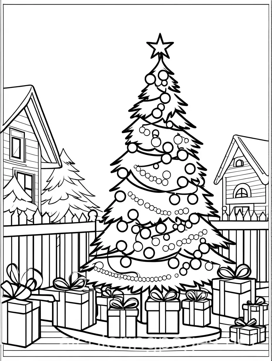 Christmas scene for kids, Coloring Page, black and white, line art, white background, Simplicity, Ample White Space. The background of the coloring page is plain white to make it easy for young children to color within the lines. The outlines of all the subjects are easy to distinguish, making it simple for kids to color without too much difficulty