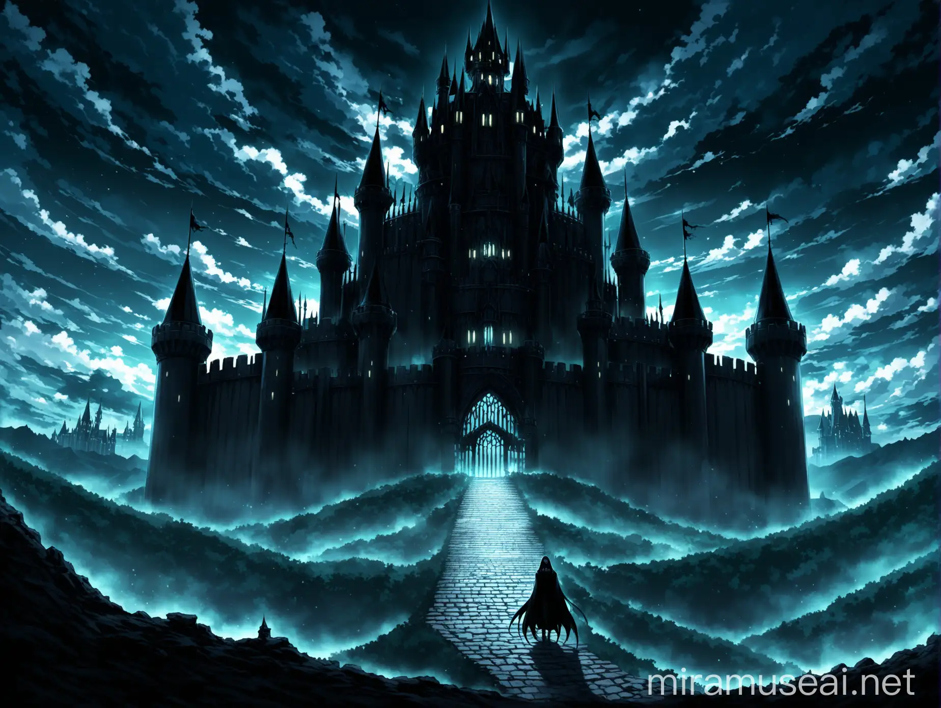 An anime evil big goth dark fantasy castlle, gravegard in the background, in epic anime