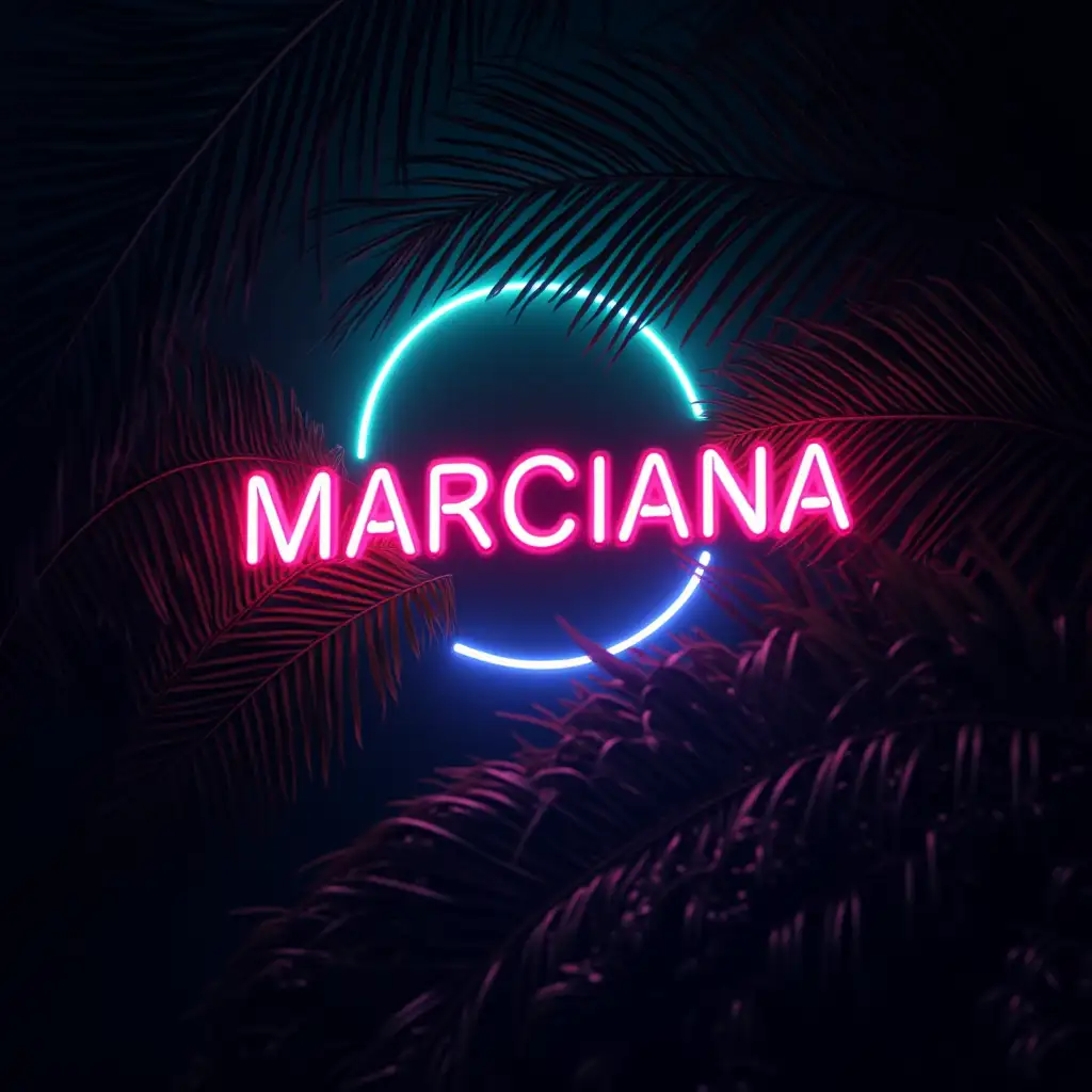 neon light through the leaves of a palm tree, turquoise and pink neon light, neon text 'MARCIANA'