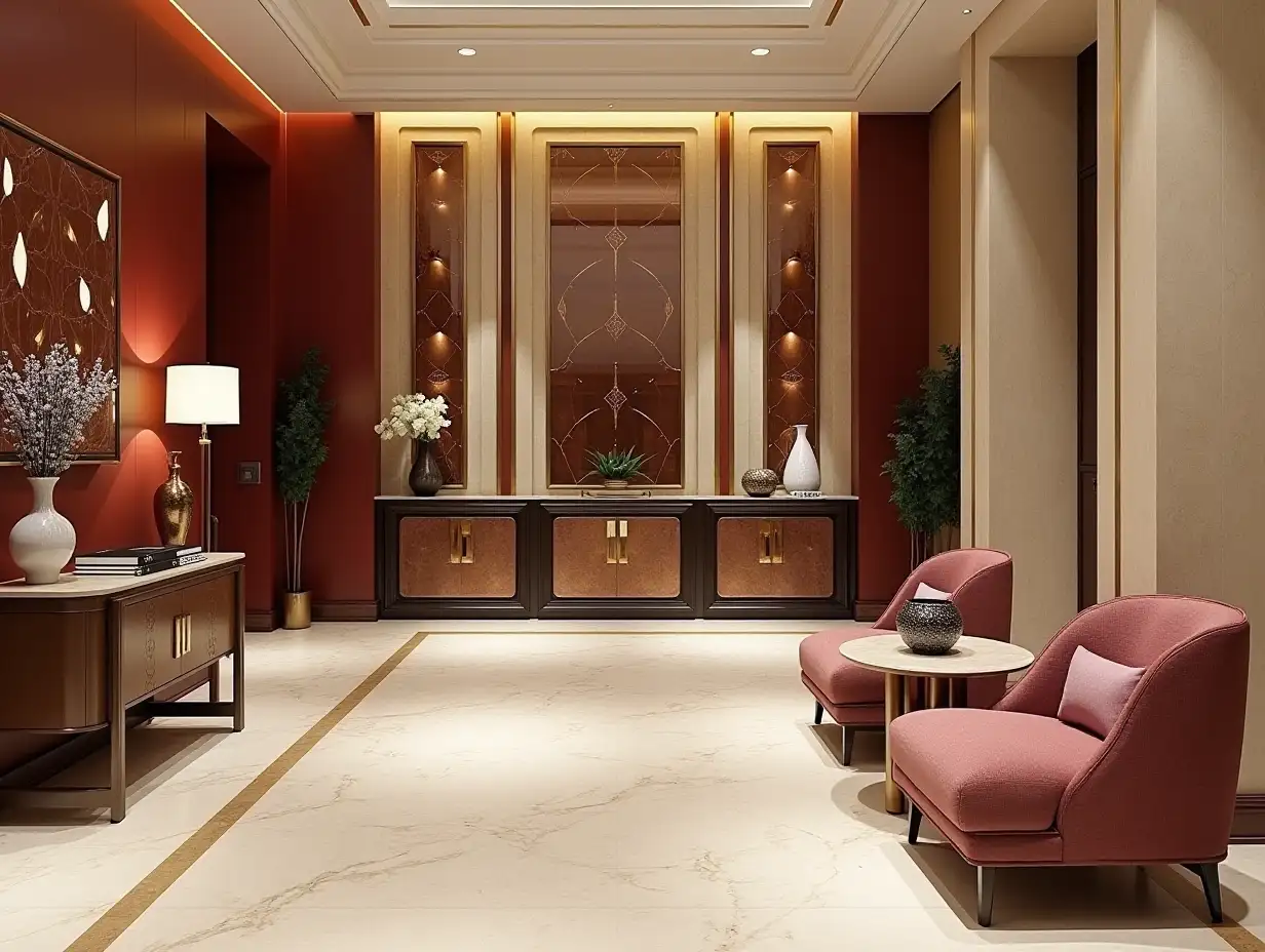 Modern-Glam-Hotel-Lobby-Interior-Design-with-Burgundy-Ivory-and-Bronze-Accents