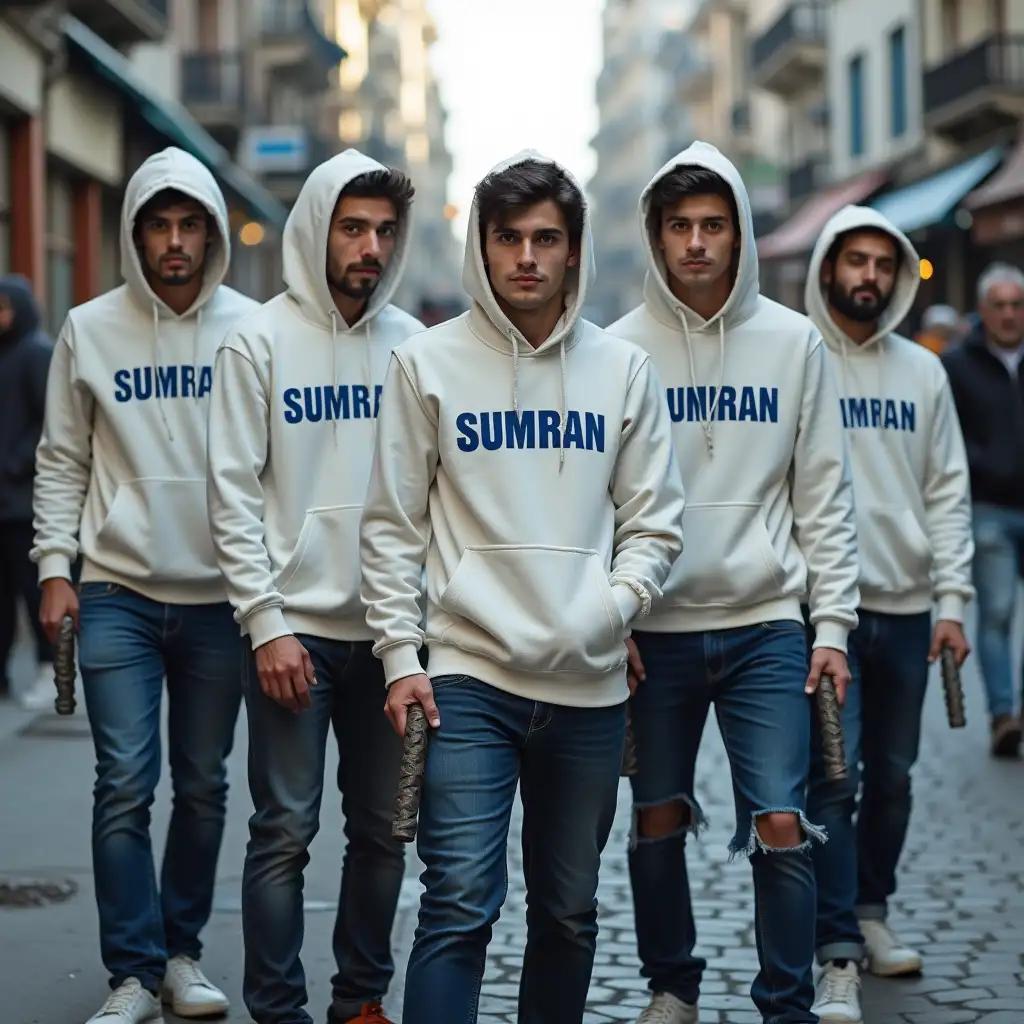 A group of 5 friend in a frontal line looking straight ahead with a closedxpression, with a white hoodie sweater with sumran written in blue and with a hood on their head, each one using a thick iron bar in their hand in a street scene with men lying on the ground injured.