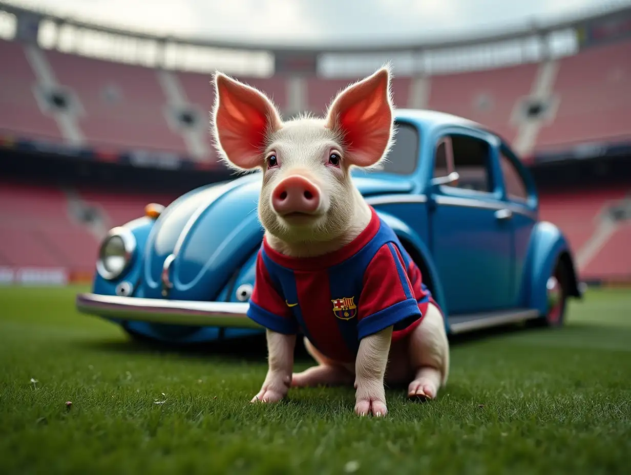 A pig with a Barça shirt on the turf of Camp Nou, with a blue Volkswagen Beetle