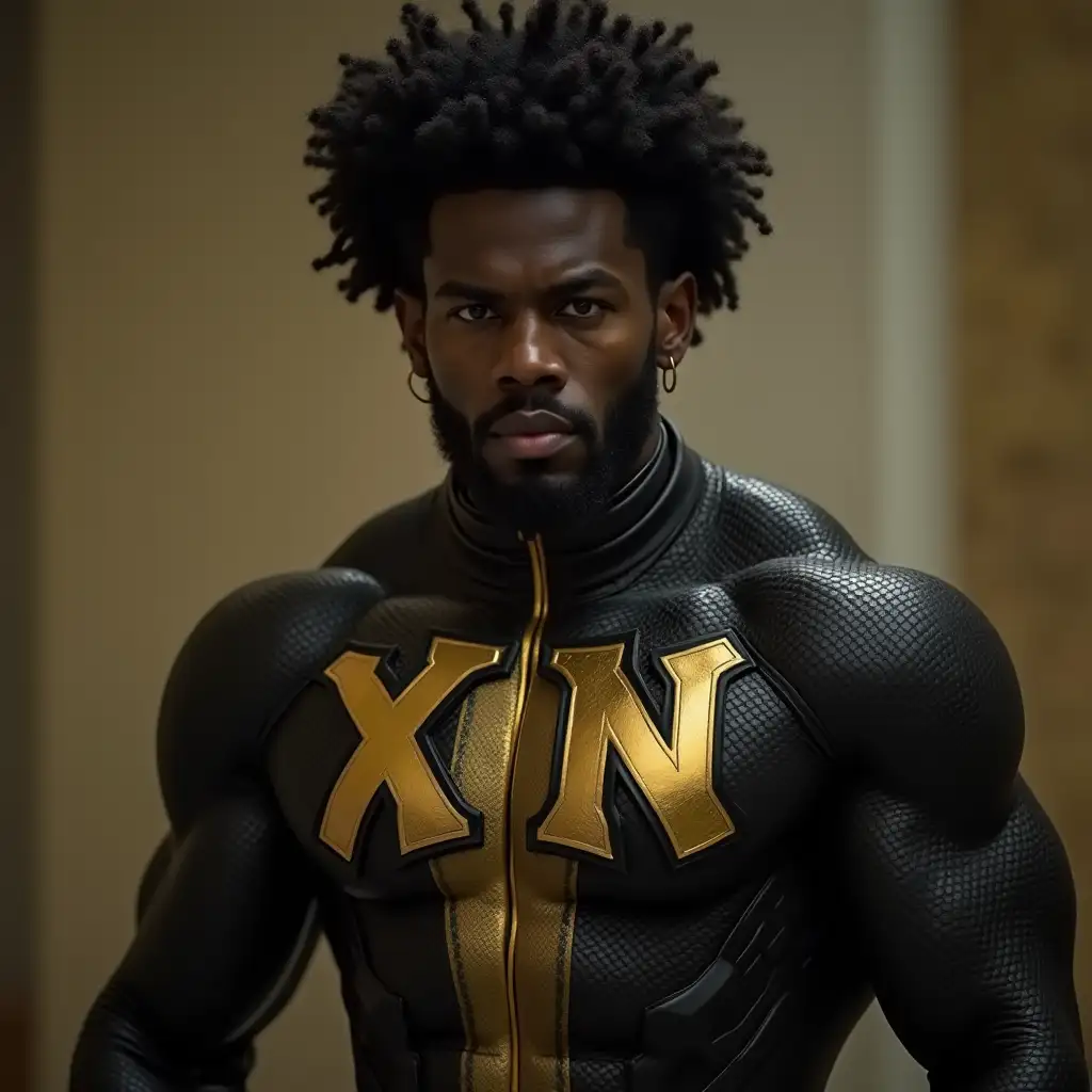 hyper muscular black superhero with the letters XN on his chest. colours are black and gold. hair is afro and he has a goatee. realistic photograph. cinematic style