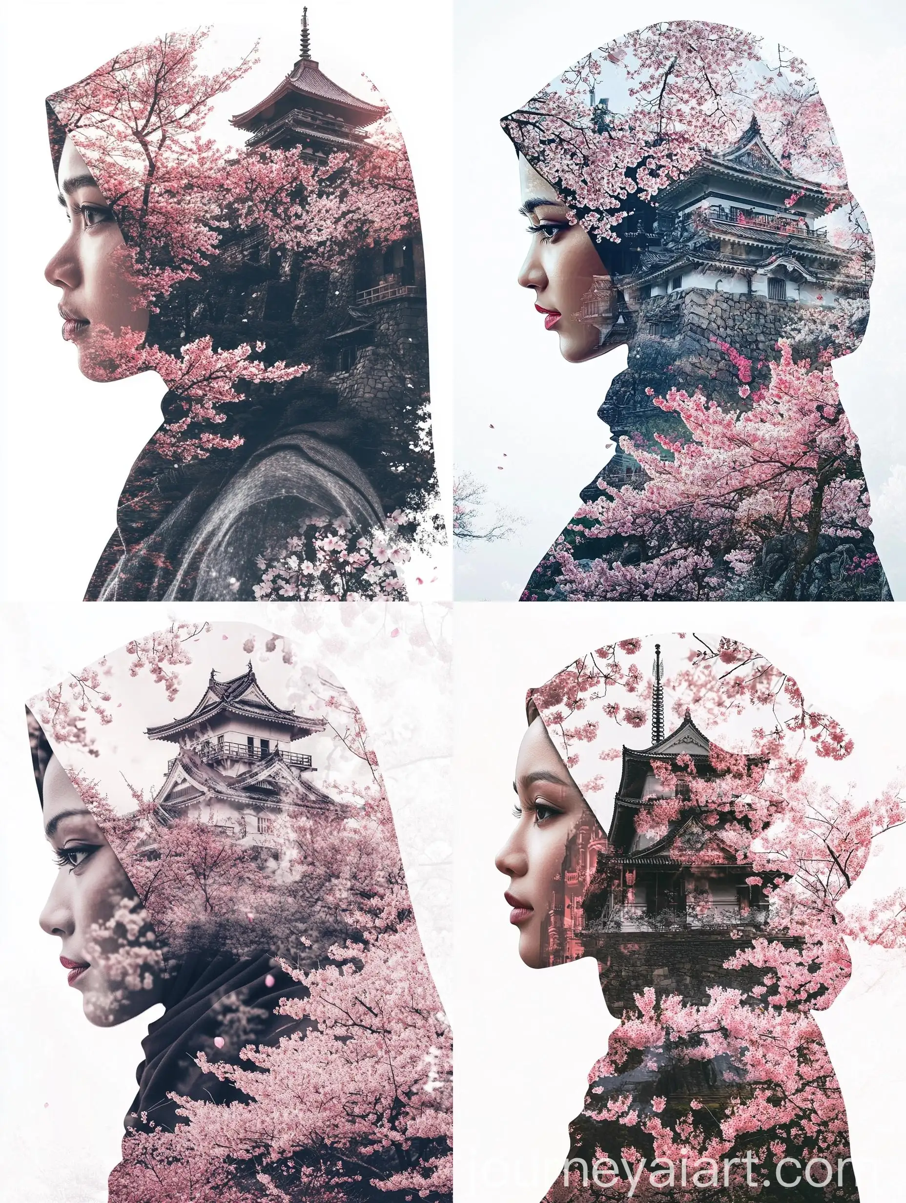 Malay-Woman-in-Hijab-with-Japanese-Castle-and-Sakura-Blossoms
