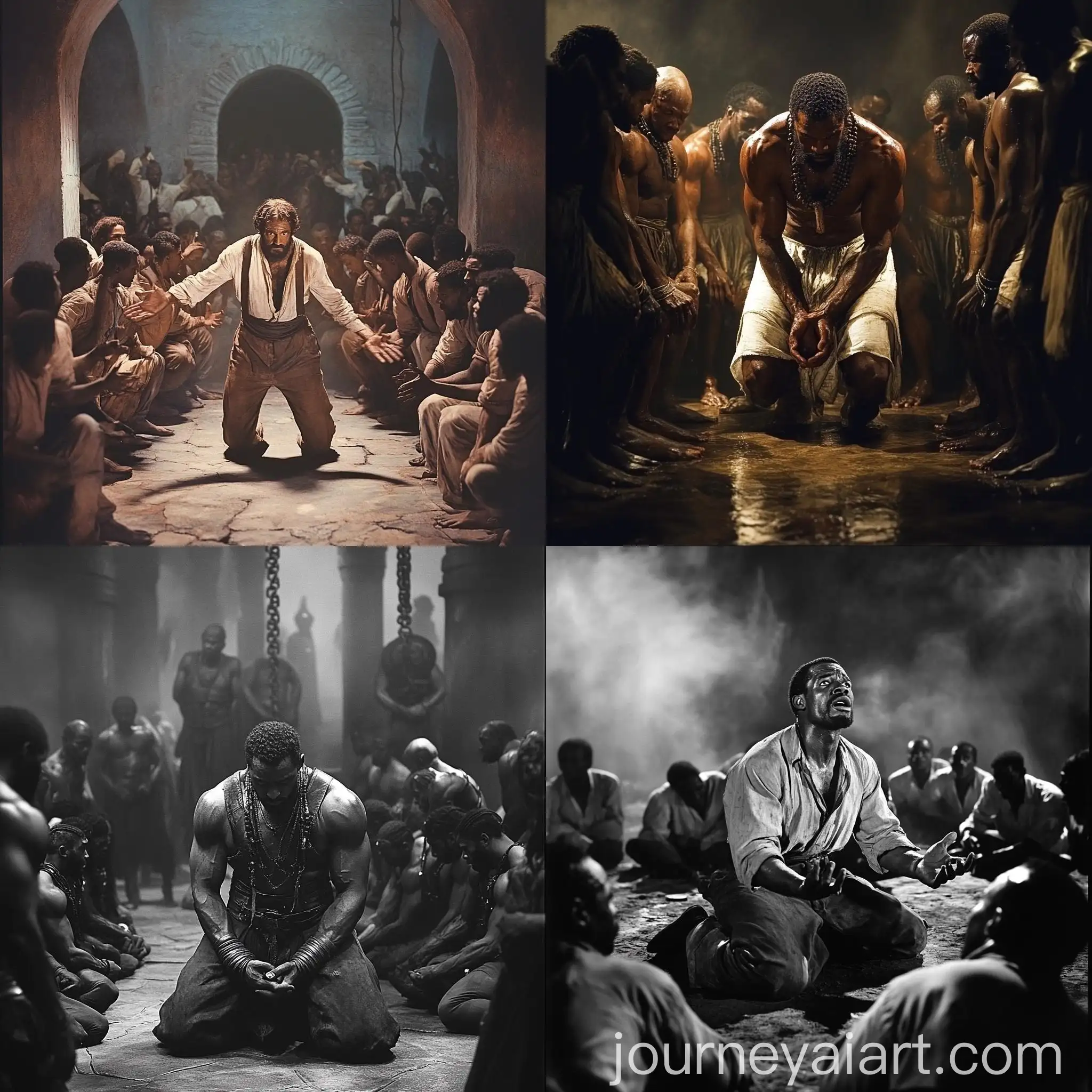 Historical-Drama-Scene-Slave-Master-Surrounded-by-Worshiping-Slaves