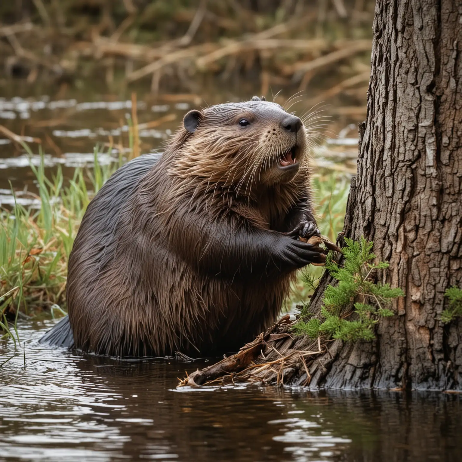 a scene of a beaver chewing on the trunk of a small tree