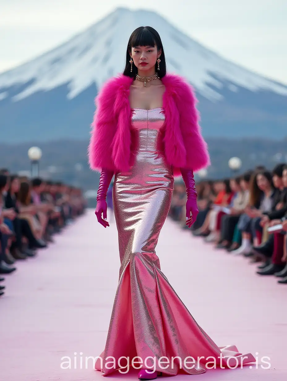 Japanese-Model-Showcasing-Futuristic-Fashion-on-Catwalk-in-Front-of-Mount-Fuji