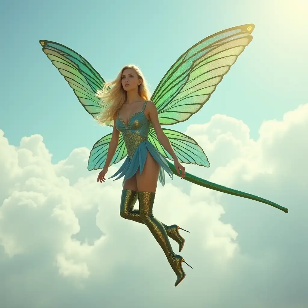 A photo of a blonde fairy with large, shiny, iridescent green-blue hummingbird wings and a long green-blue bird tail. She is flying in the sky above the clouds. She is wearing a golden patterned blue latex dress and golden patterned green latex thigh-high stiletto boots. The background contains a cloudy sky. Stiletto high heels is side view.