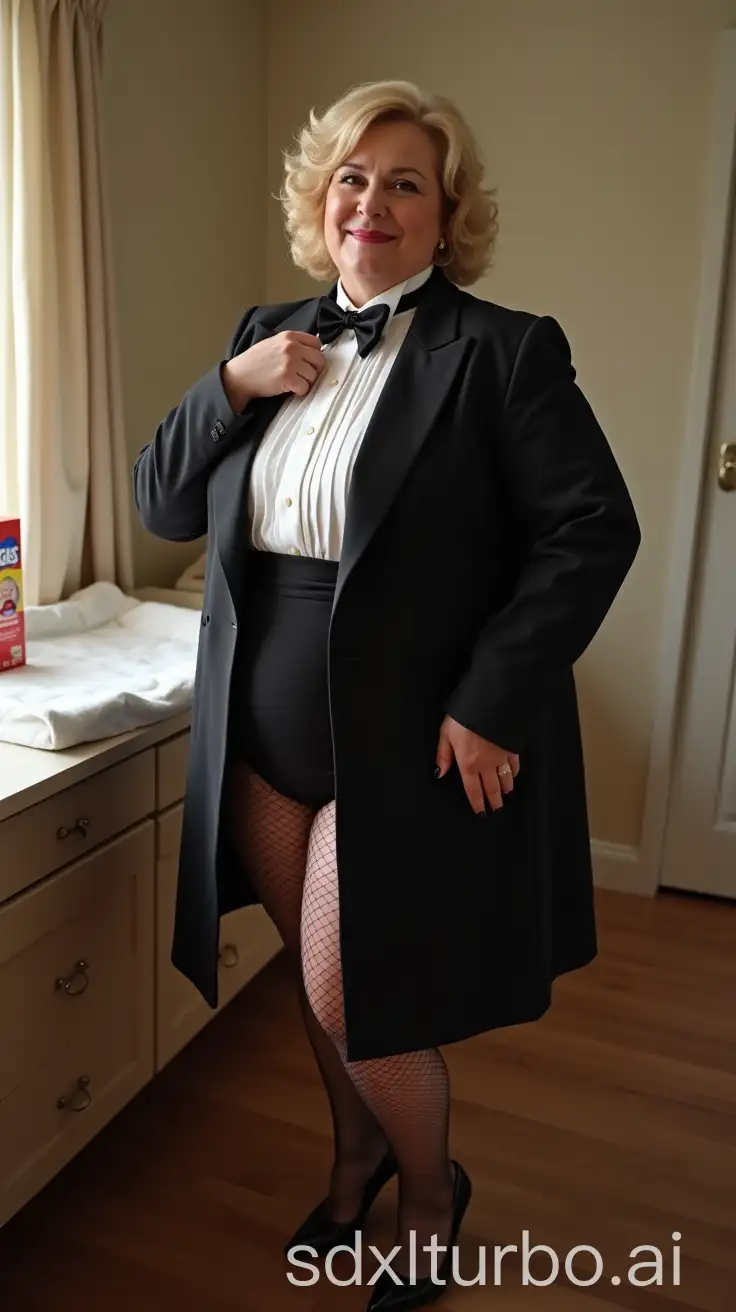 MiddleAged-Woman-in-Formal-Orchestra-Tuxedo-in-Nursery-with-Huggies-Diapers