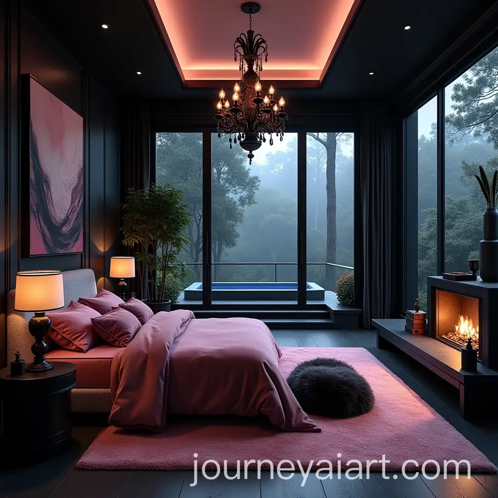 Luxury-Classic-Bedroom-with-Terrace-and-Pink-and-Black-Decor-in-Mansion