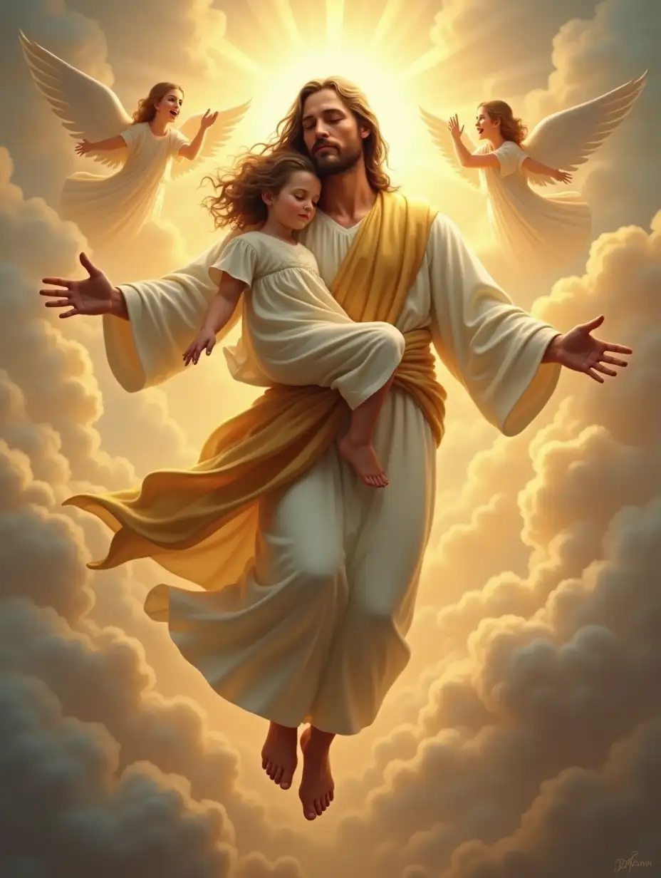 A divine and radiant Jesus Christ gently holding a young girl in His arms as they ascend into the heavens. Jesus wears a flowing white robe with a golden sash, and a luminous halo glows around His head. His eyes are full of love and compassion, radiating warmth and peace. The little girl, dressed in a simple white dress, rests safely in His embrace, looking up at Him with wonder and trust. Her hair flows softly in the wind as they rise. Below them, soft clouds glow with golden and pastel hues, illuminated by divine light. A choir of angels with delicate wings surrounds them, singing in reverence. The background transitions from the earthly sky to a celestial realm filled with warm, ethereal light, symbolizing peace and salvation. The scene is painted in a highly detailed, semi-realistic style with soft brushstrokes and a dreamlike atmosphere, evoking a sense of divine love and eternal protection