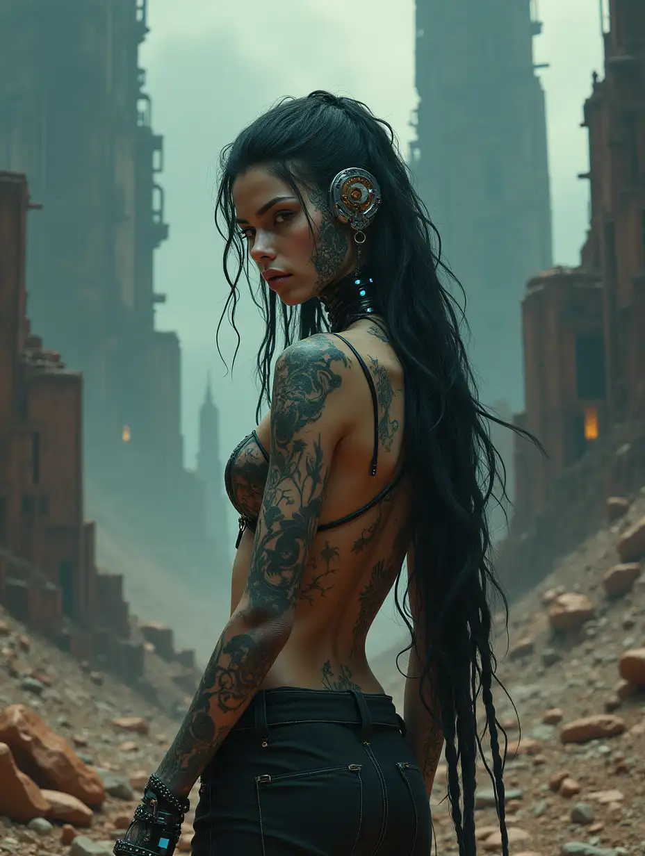 A highly detailed, digital painting of a cybernetically enhanced, androgynous figure in a post-apocalyptic wasteland. The figure is adorned with bioluminescent tattoos and implants, and their clothing is a mix of tattered remnants and advanced, synthetic materials. The background is a desolate, barren landscape with towering, rusted skyscrapers and a stormy sky. Dramatic lighting, cinematic composition, 8k resolution. Art by both Alphonse Mucha and Simon Stålenhag.