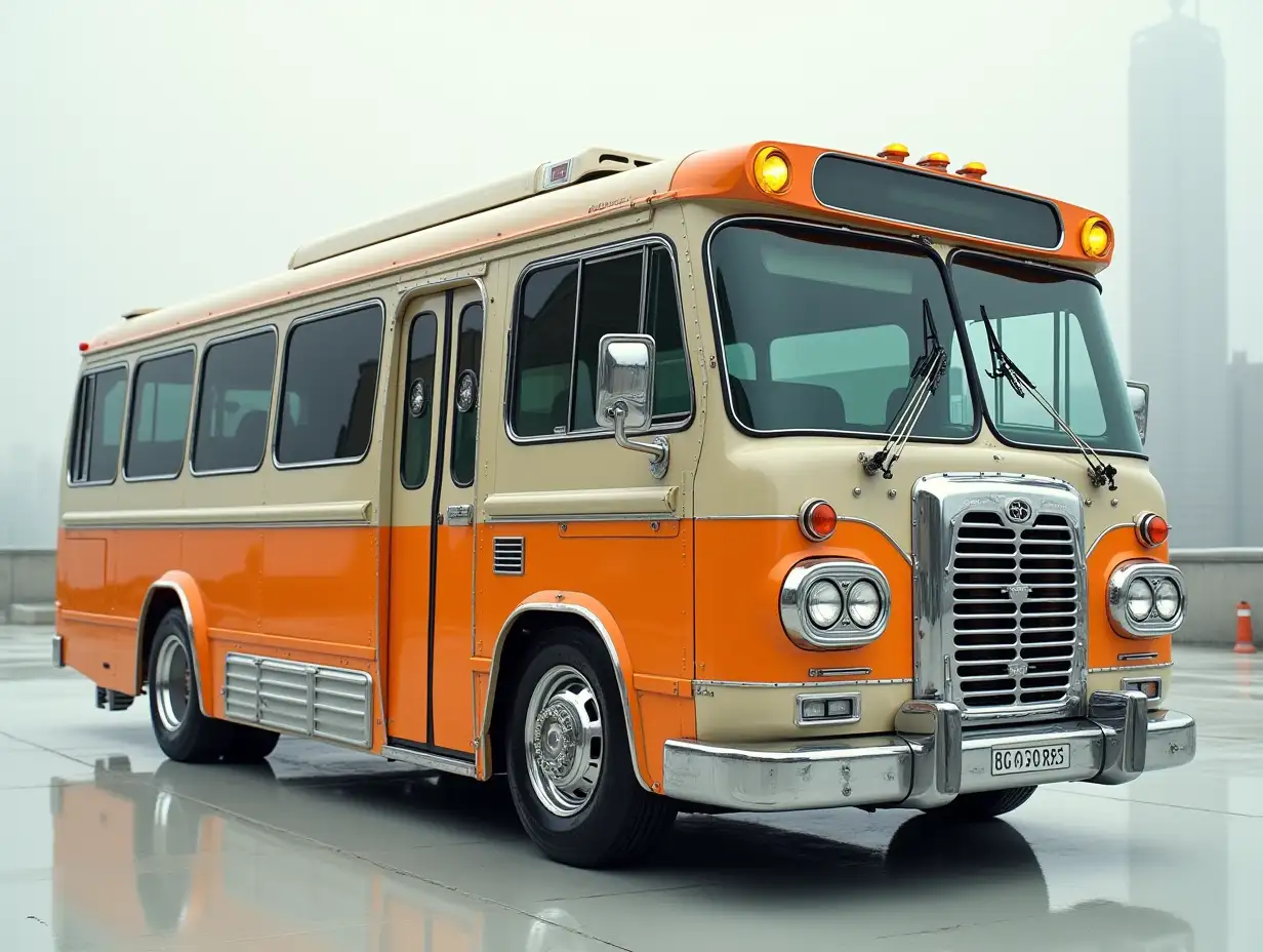 Supermodern bus with spoilers, lowered, aluminum wheels, cream, orange silver colors, Cyberpunk