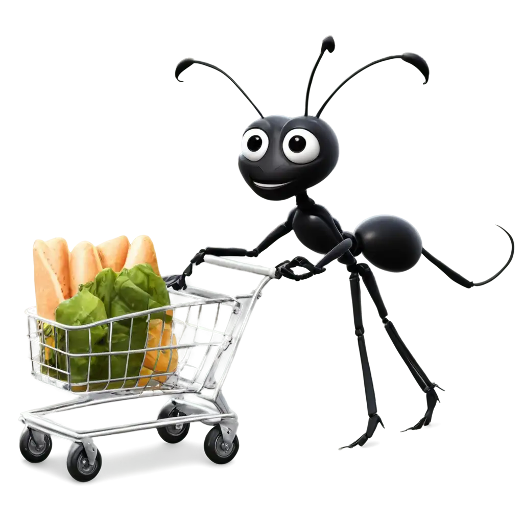 PNG-Image-of-Ant-Carrying-Grocery-Cart-Creative-and-Detailed-Artwork