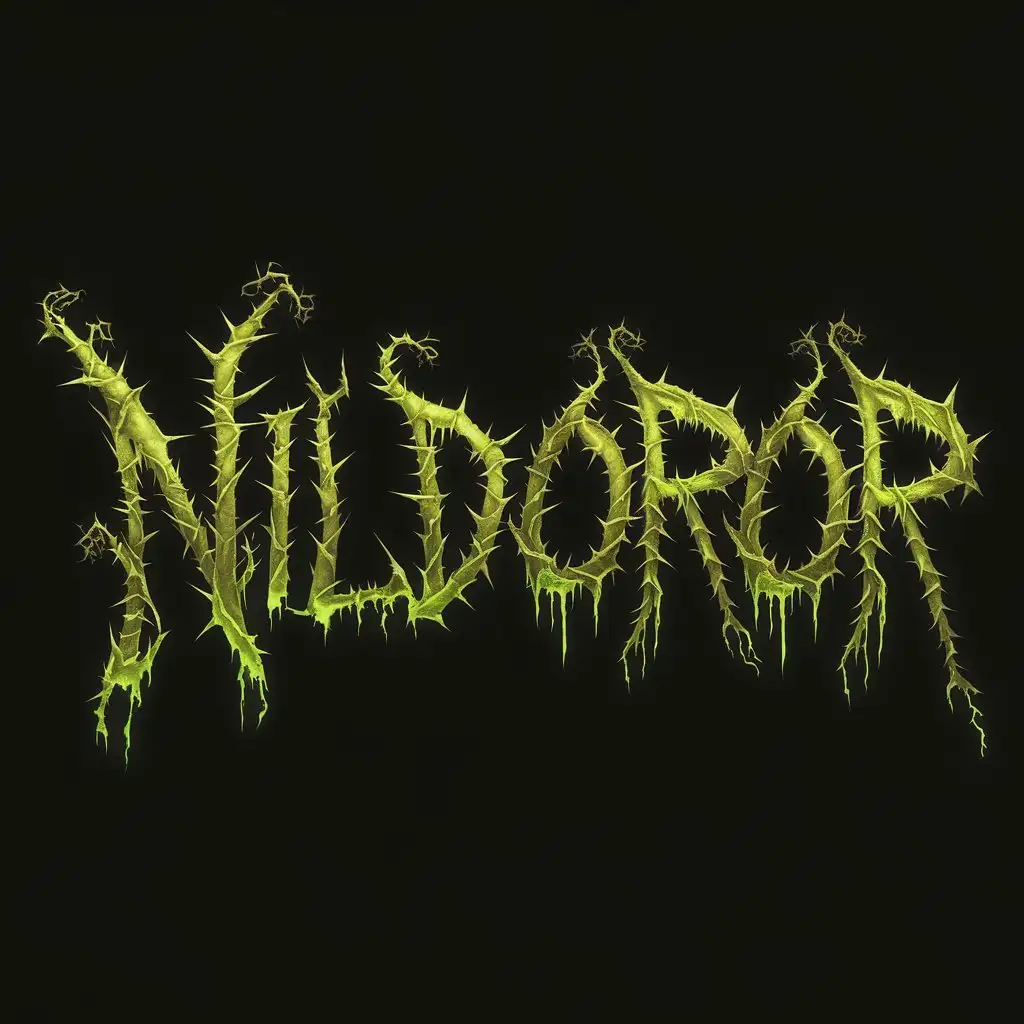 Overlay the text 'NILDOROR' stylized in a toxic vine design on a black background. The text should appear as twisted, thorny vines with a poisonous, eerie look, perhaps with a greenish glow or toxic ooze. The font should look organic and menacing, with the letters appearing intertwined and natural, fitting seamlessly against the dark background. Ensure the toxic vine text is clear and prominent while maintaining an overall mysterious and eerie aesthetic.