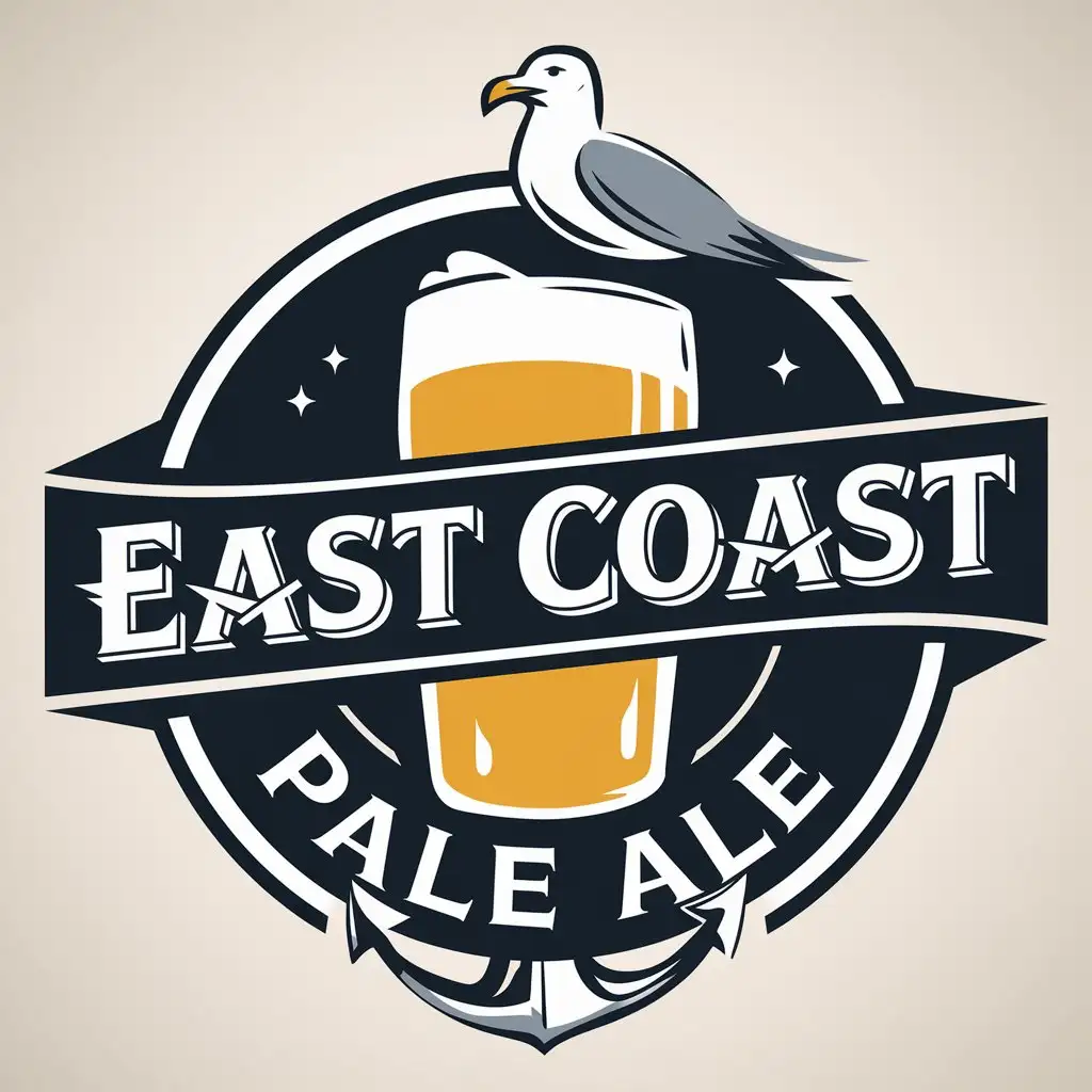 LOGO Design for East Coast Pale Ale Glass of Beer Seagull and Anchor with Clear Background