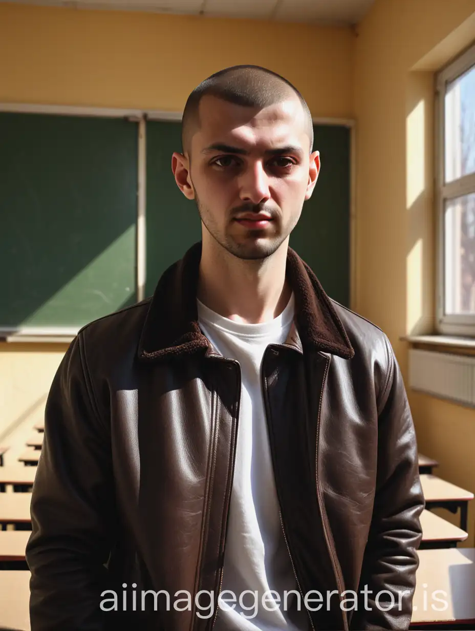 Serbian male 33 years old in a empty class room. Buzz cut hair. Dark brown jacket. Color. Sun is shining.