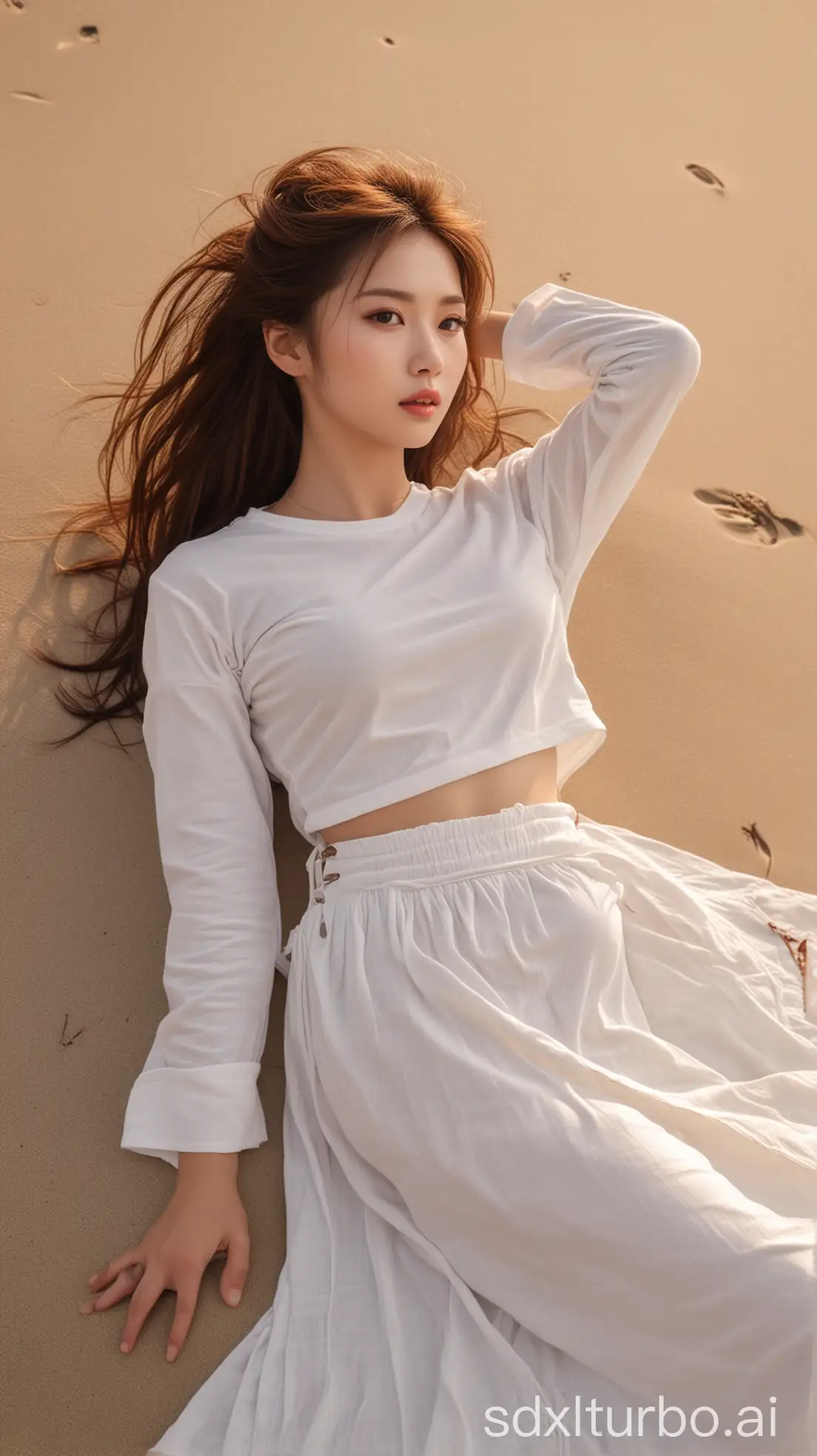 Chinese-Beauty-in-Winter-White-Outfit-Lying-on-Sunset-Beach