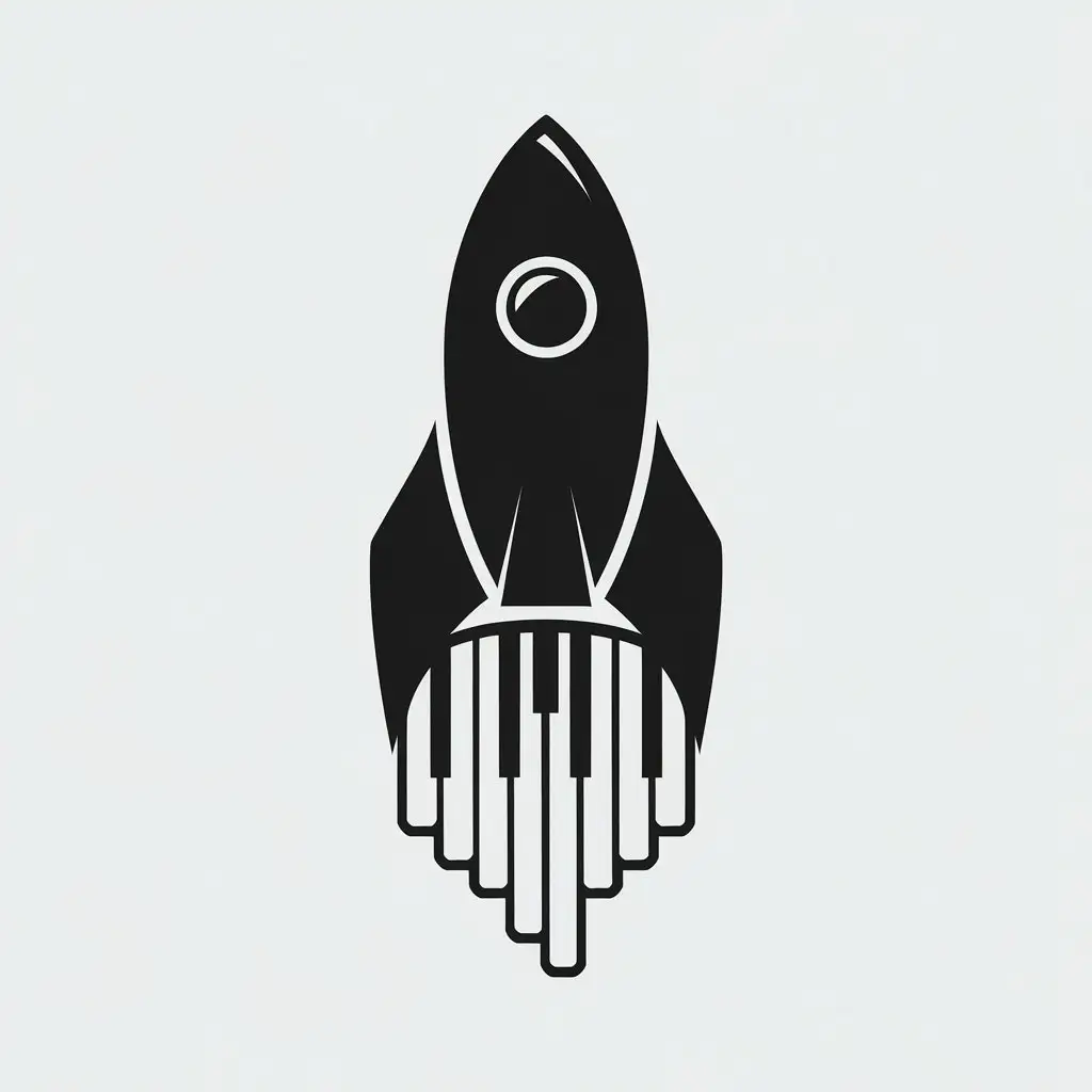 LOGO Design for The Space Pianist Minimalist Rocket and Piano Keys with Monochrome Black White Theme