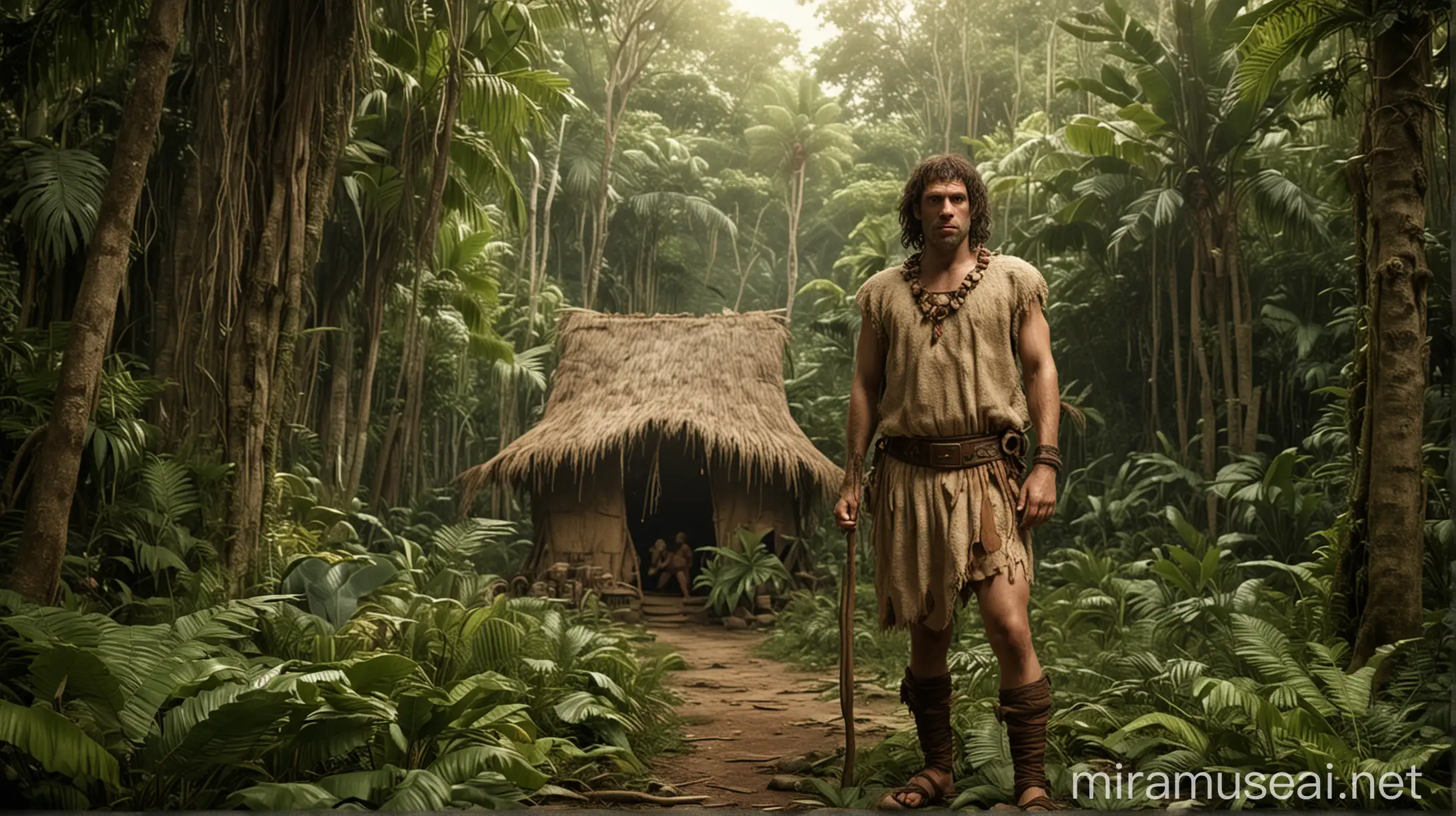 Early Man in Dense Jungle with Animal Skin Clothing