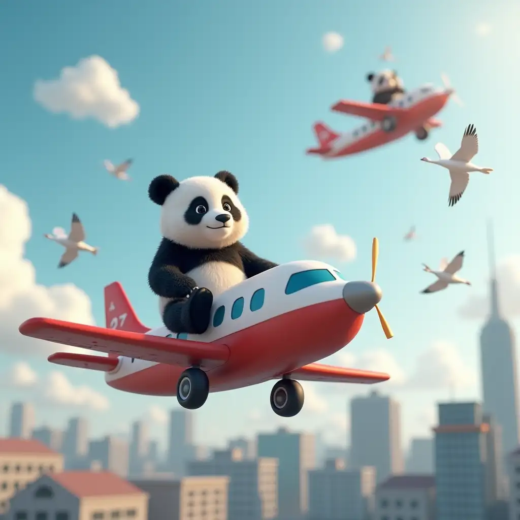 A realistic 3D 4K image of a panda riding on an airplane, surrounded by birds. Another airplane is flying nearby. The panda is looking at the other airplane with curiosity. The scene is set in the sky with clouds in the background. in the city. Panda lands the airport.