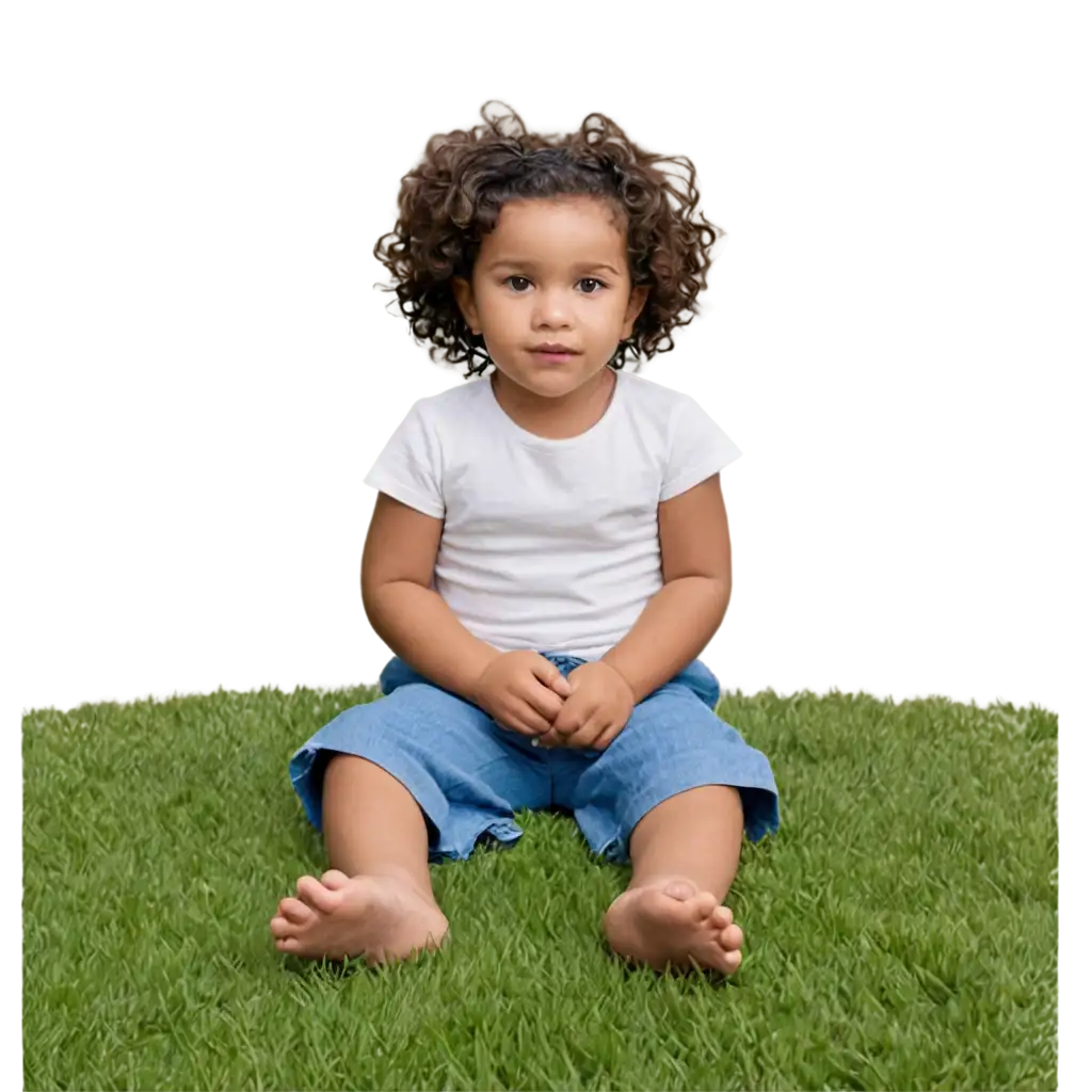 PNG-Image-of-a-2YearOld-Little-Girl-with-Brown-Eyes-Dark-Skin-and-Curly-Hair-Sitting-on-Green-Lawn