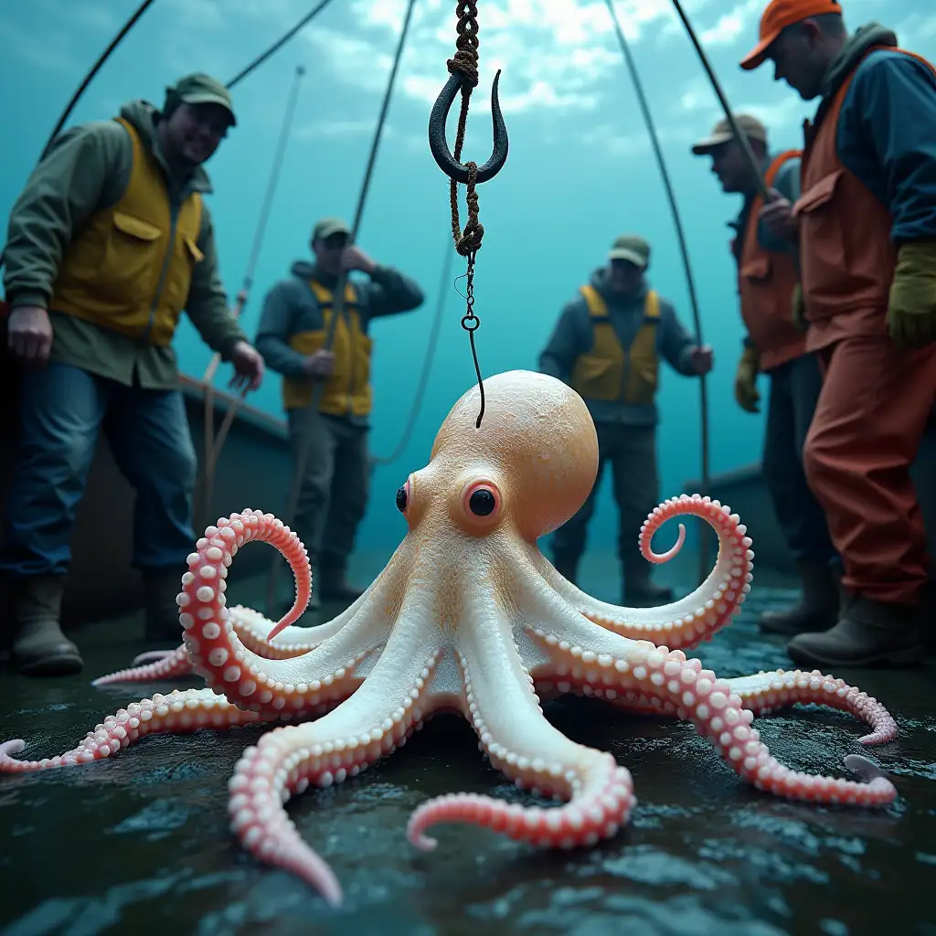 Giant-Albino-Octopus-Hoisted-on-Boat-Hook-Surrounded-by-Scared-Fishermen