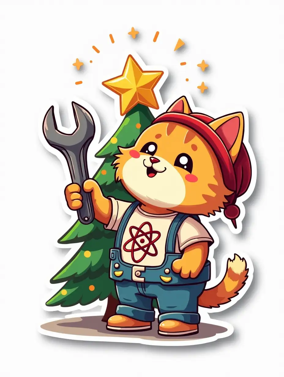 kawaii positive little shaggy cat in worker clothes with of an atom symbol on t-shirt. He screws a star onto the Christmas tree with a wrench, vibrant and dynamic die cut sticker design top-view, high resolution, vector art,  white background, paint in anime style