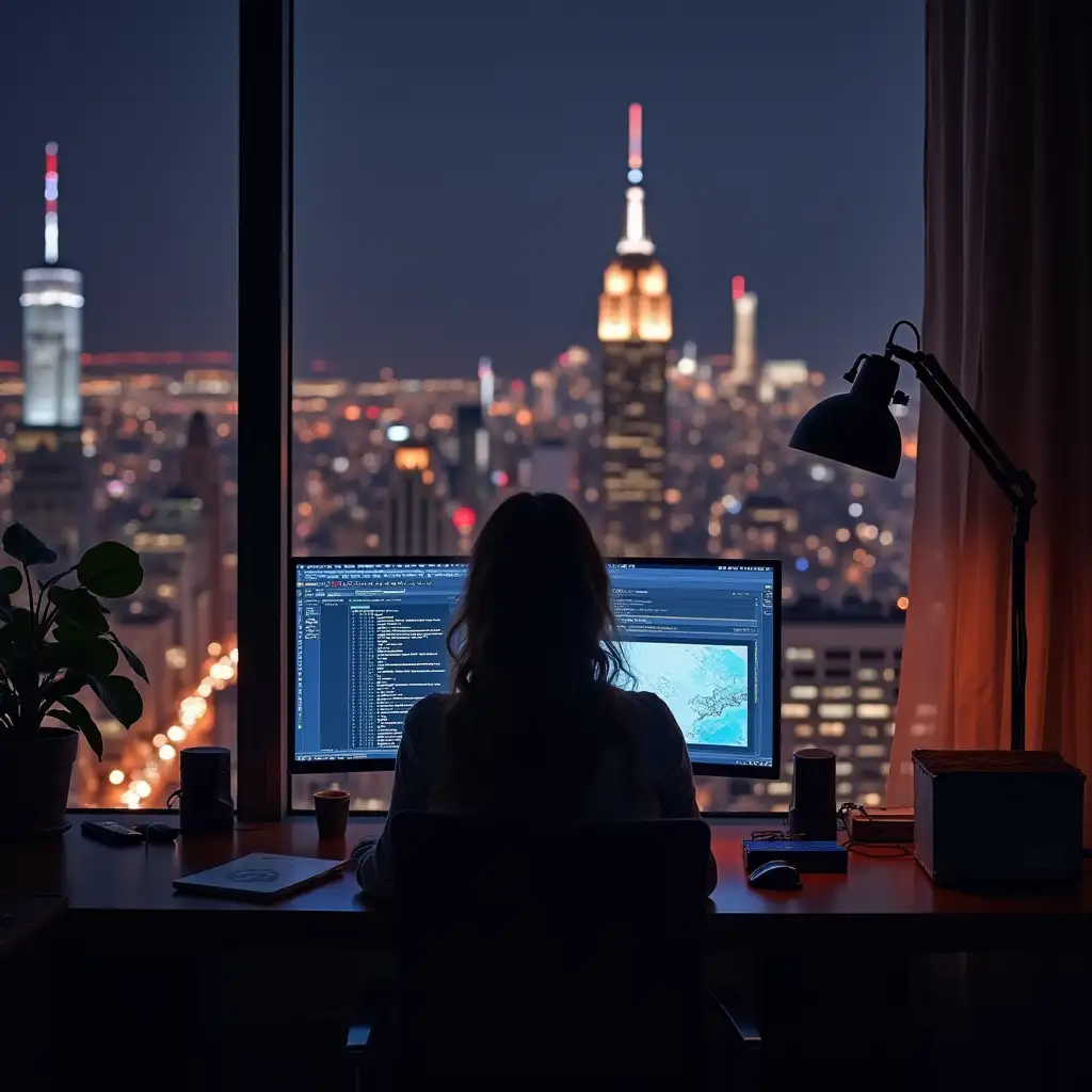 a girl in nyc penthouse coding on a desk with the view of the whole night in nyc in front of her