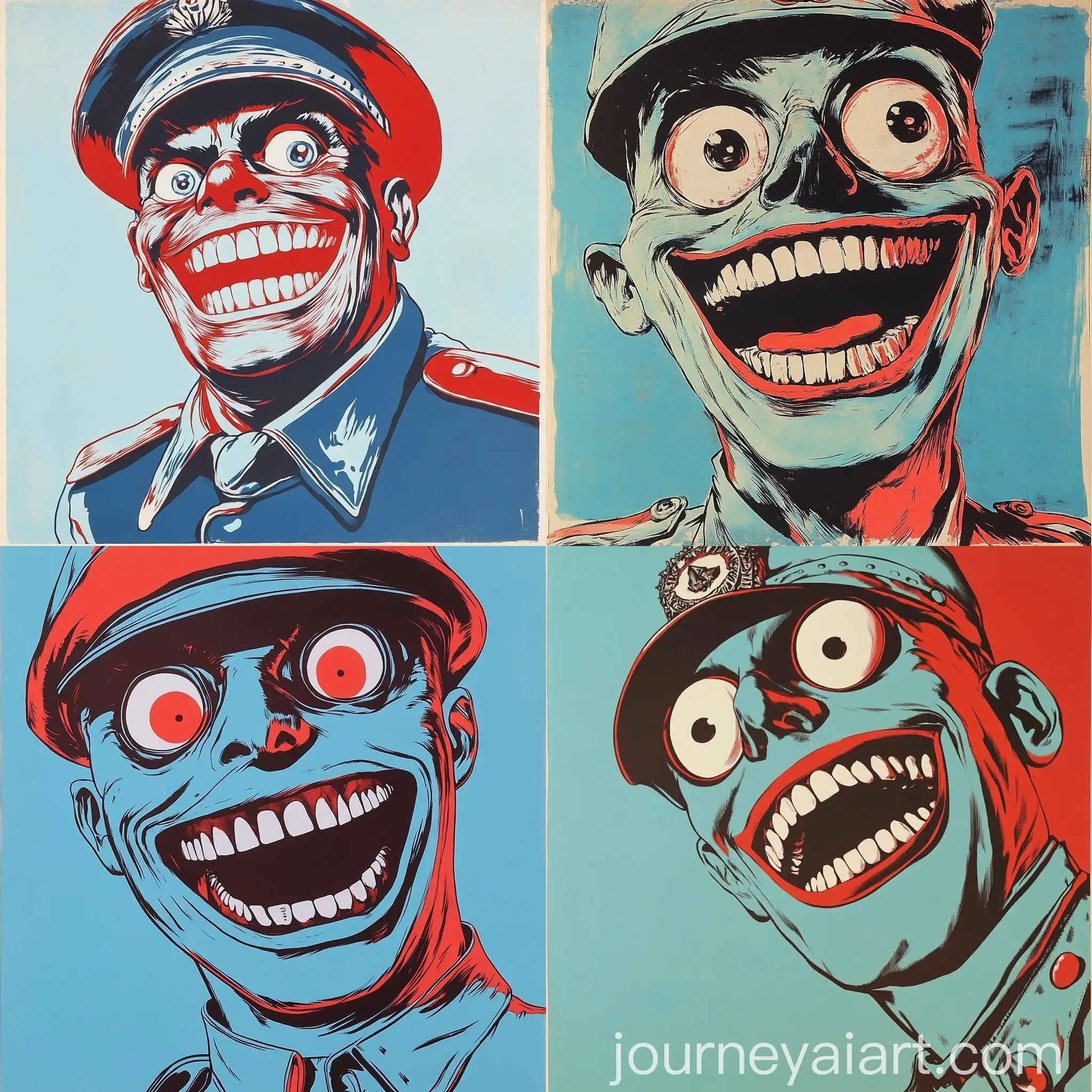 Modernist-AntiUtopian-Propaganda-Poster-Mad-Soldier-in-Blue-and-Red