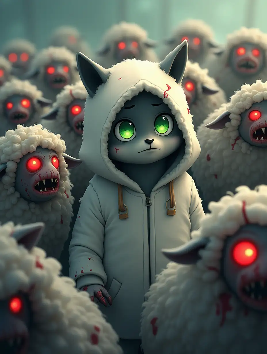 user_prompt: A distant view. A cute green-eyed little wolf with a sad expression on its snout. Wearing a clean hooded cloak that looks like a white sheepskin, covered with thick woolly sheep fur. The hood almost covers the wolf's face. Around the wolf, there is a crowd of terrifying zombie-sheep, with bloody sharp teeth, glassy red eyes, and dirty white skins in wounds. The wolf doesn't stand out from the crowd. Cartoon style.