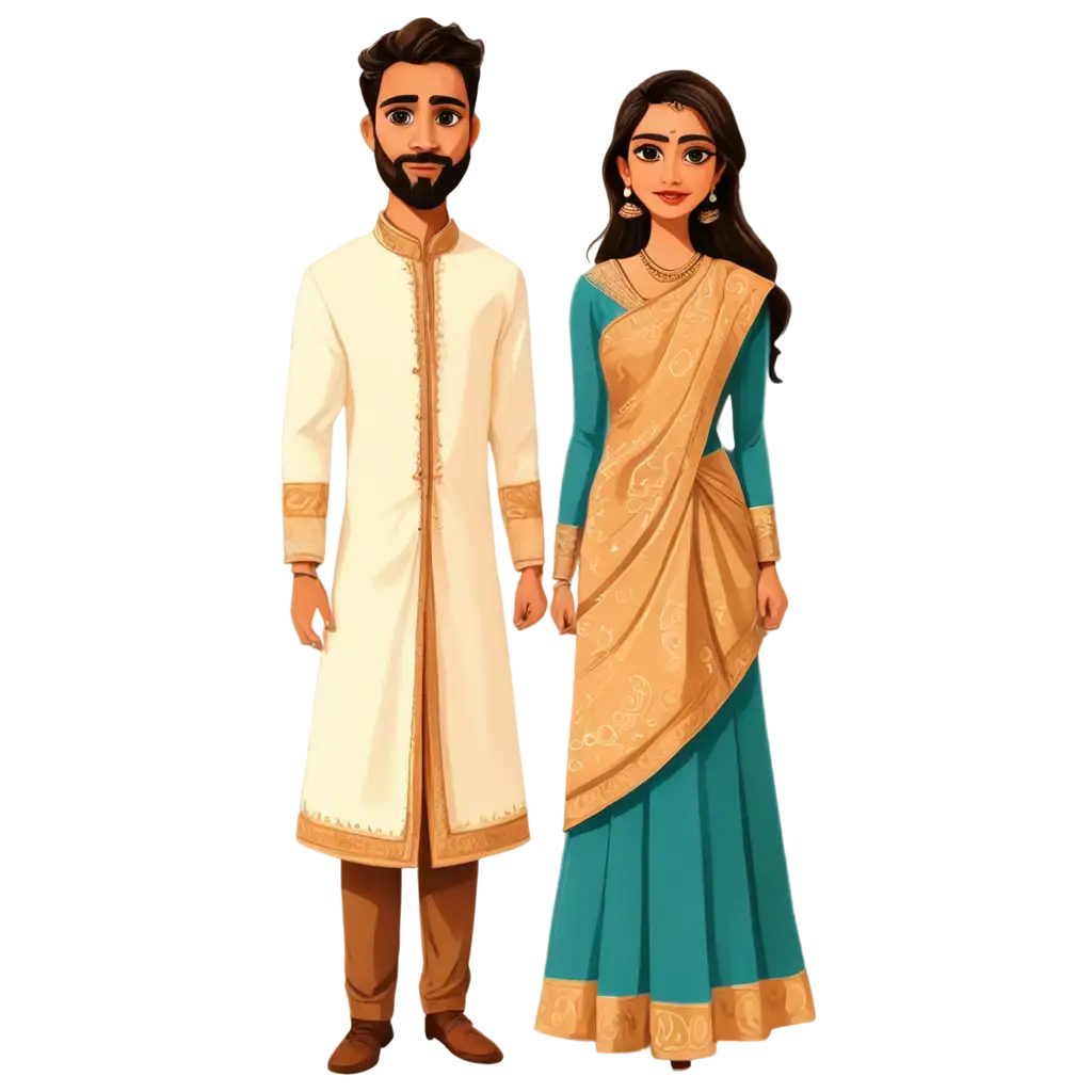 Vibrant-South-Indian-Couple-Wedding-Saree-and-Sherwani-Cartoon-PNG-for-Diverse-Applications