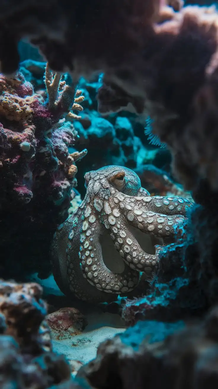 Octopus-Camouflaged-on-Rocky-Reef-with-Intense-Gaze-in-Mysterious-Underwater-Scene