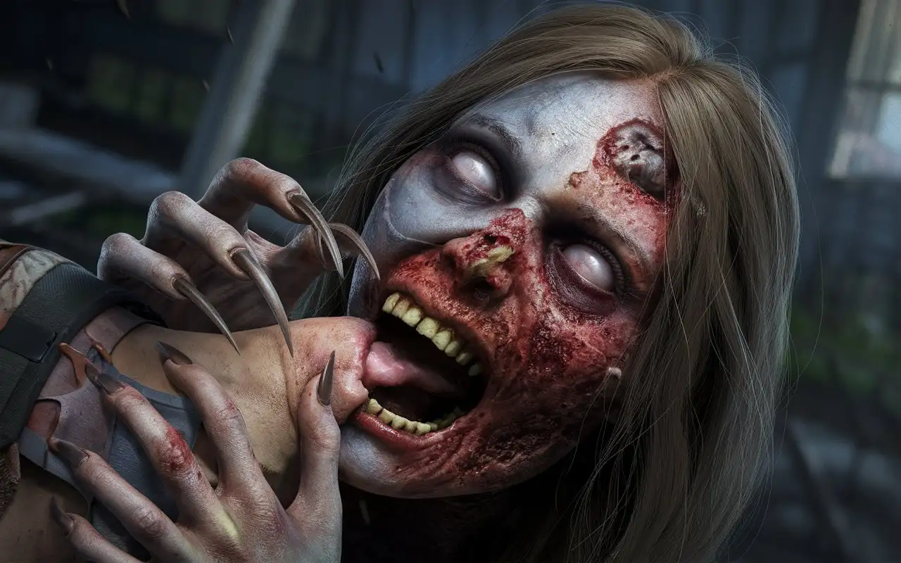 Hungry-Rotted-Zombie-Woman-Attacks-with-ClawLike-Nails-in-Horror-Scene