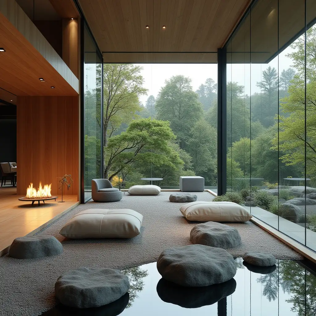 Large modern living room with Zen garden with carefully tended rocks, a meditative 180 degree 8K resolution shot