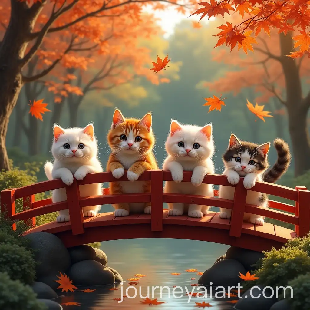 Four-Cats-Playing-with-Falling-Maple-Leaves-on-a-Red-Wooden-Bridge-in-a-Japanese-Garden