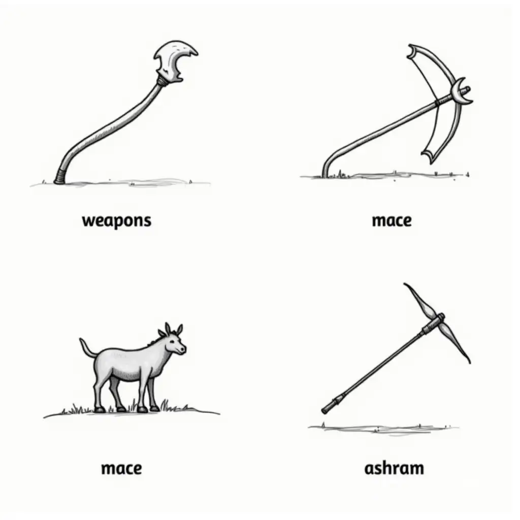 Black-and-White-Drawings-of-Weapons-Mace-Archer-Woodland-and-Ashram