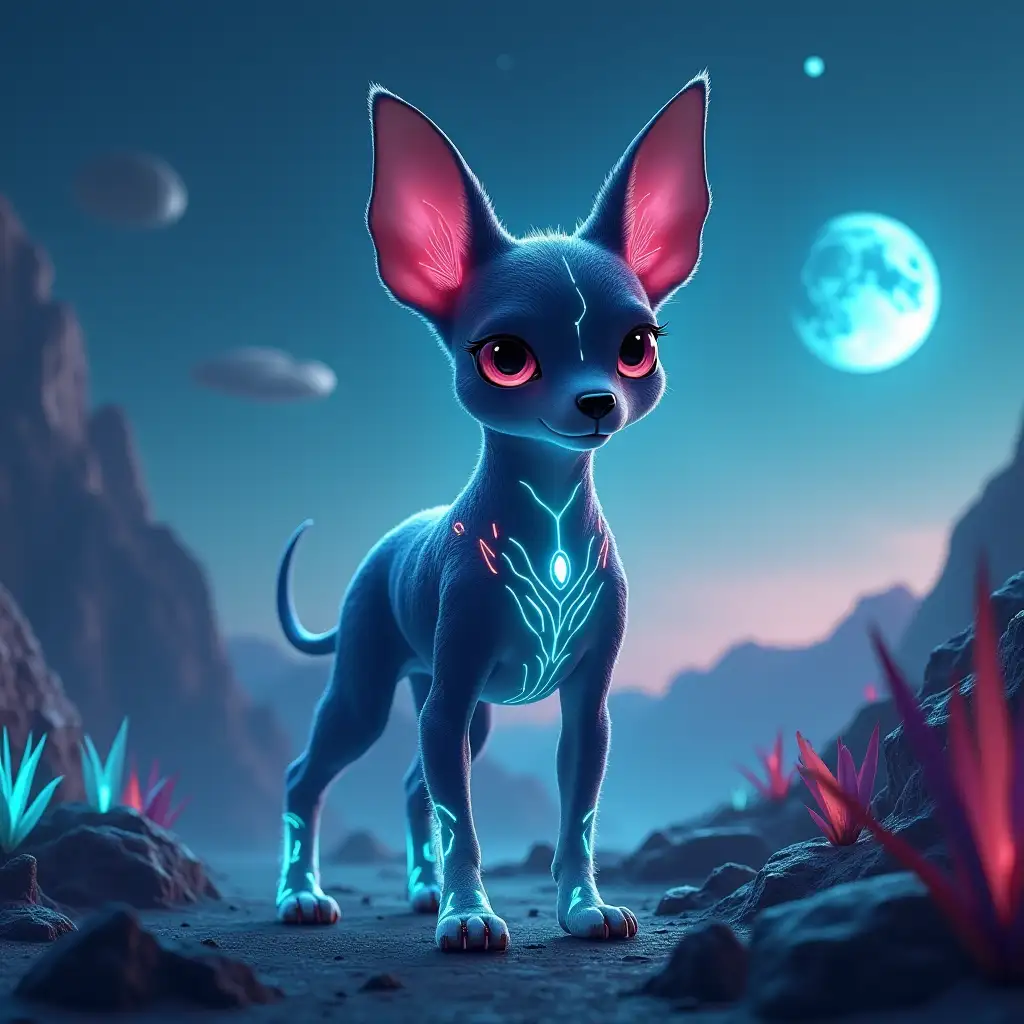 A futuristic alien dog with bioluminescent fur, glowing patterns on its body, and large, intelligent eyes. Its ears are long and pointed, resembling an extraterrestrial creature. The dog’s sleek, cybernetic tail emits a soft blue glow, and it has an aura of mystery. The background features a distant alien planet with neon-lit plants, floating rocks, and twin moons in the sky. The atmosphere is surreal, blending sci-fi and fantasy elements.