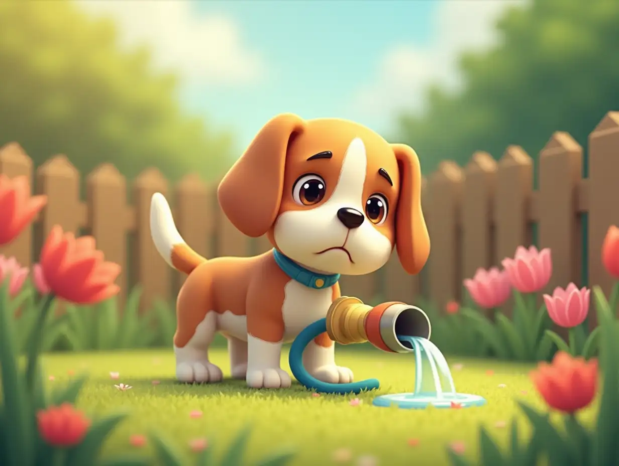 cute sad beagle is trying to water flowers with a hose in garden, but there is no water, 3D cartoon style