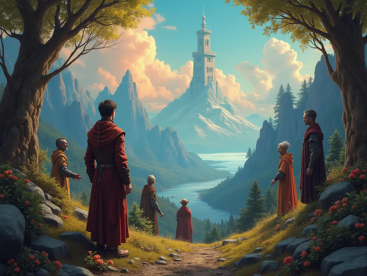 Hyperrealistic portrait of a multiverse time traveler with various alien beings in a detailed, colorful forest with mountains, tower and sea in the background