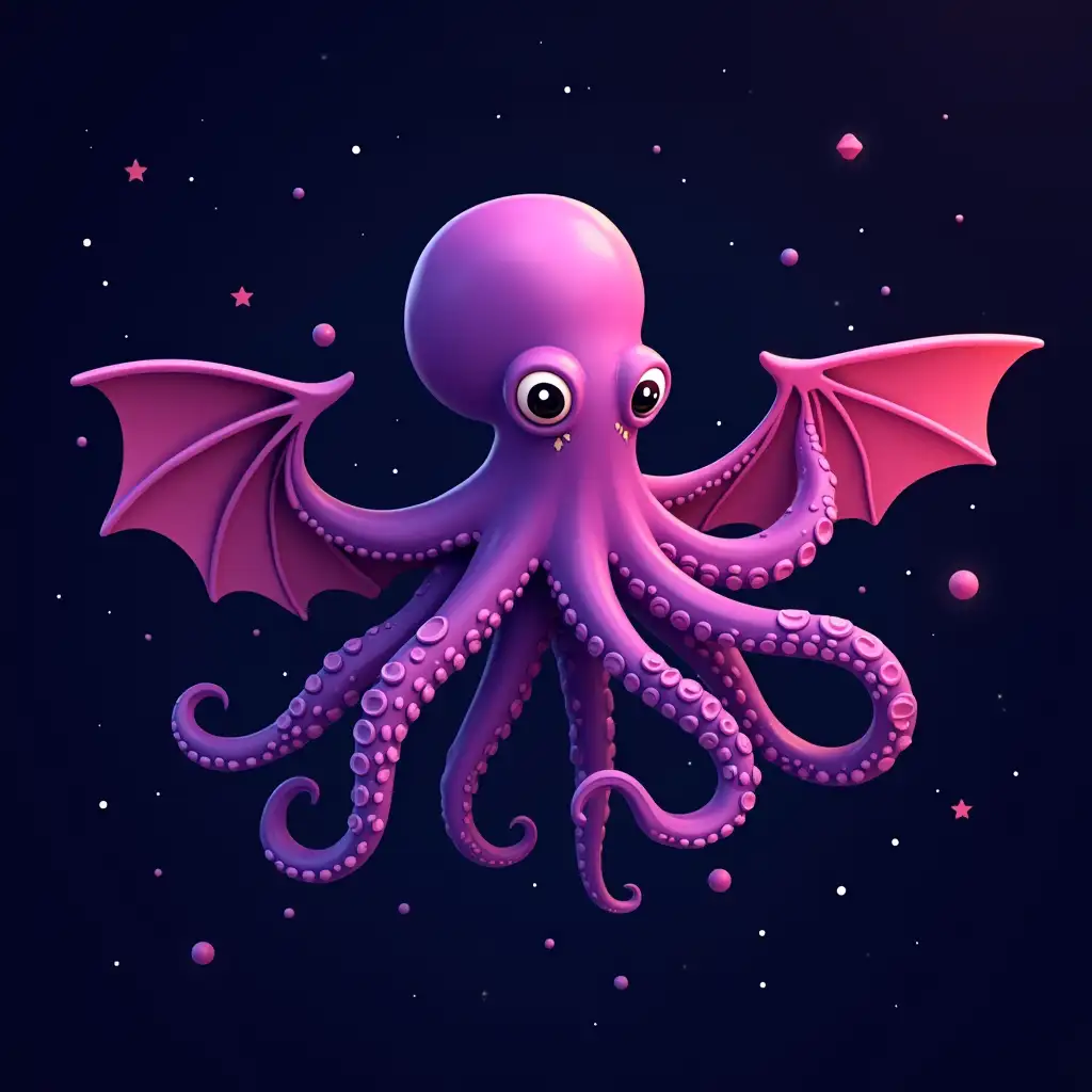 purple and pink octopus with batlike wings in space